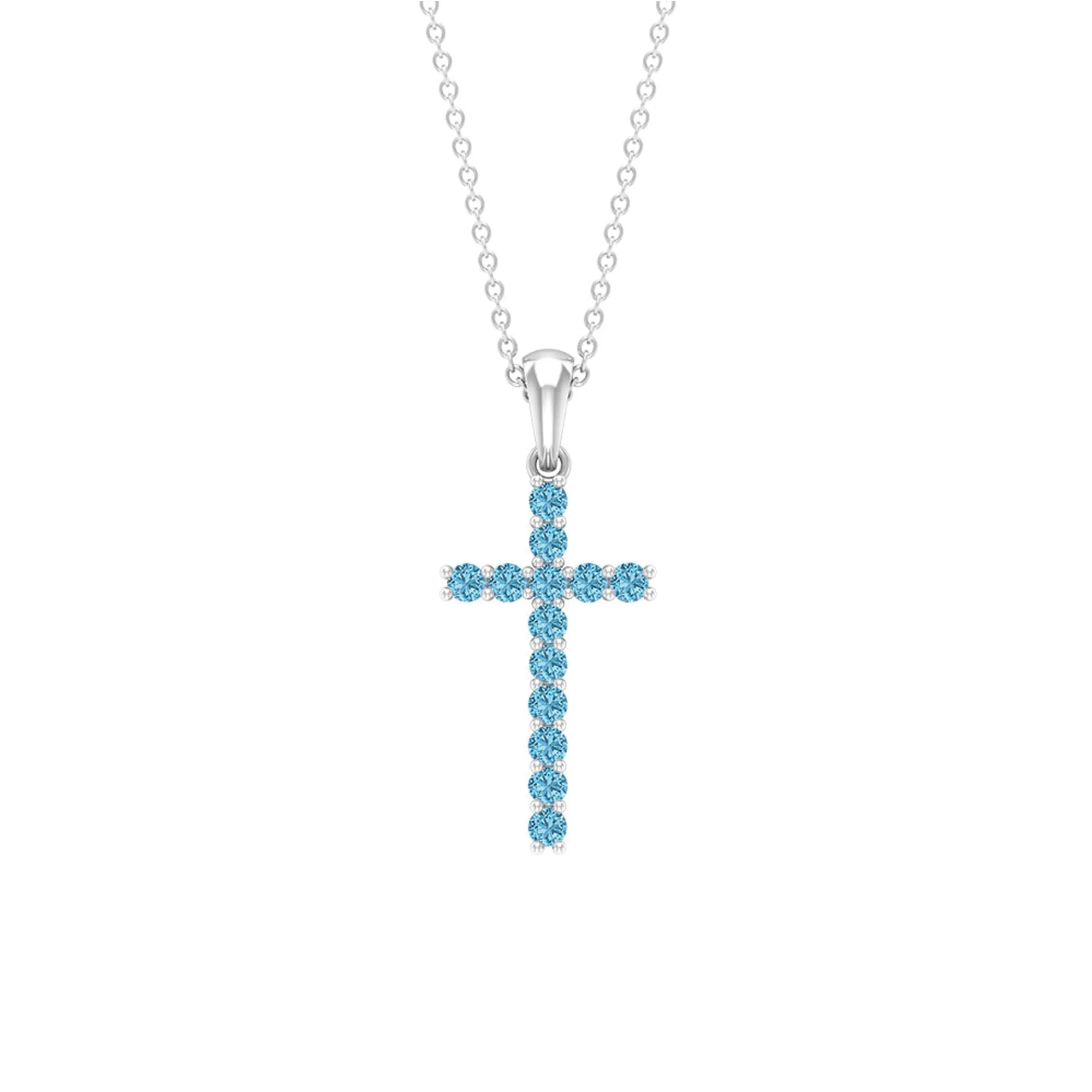Cross Pendant Necklace For Women with 2 MM Aquamarine