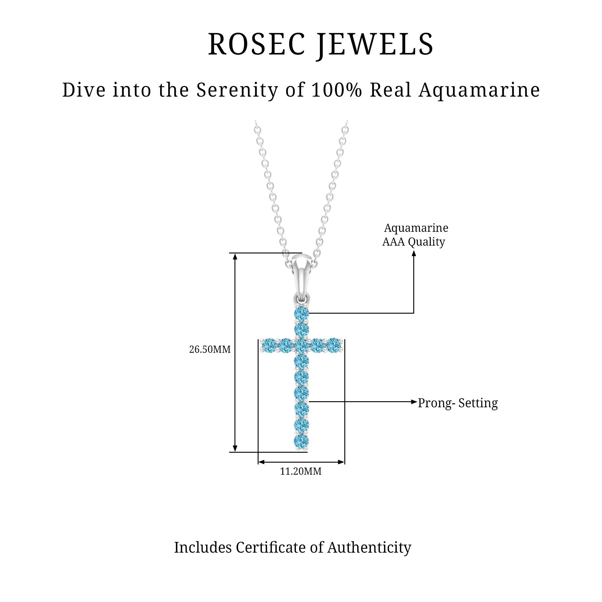Cross Pendant Necklace For Women with 2 MM Aquamarine