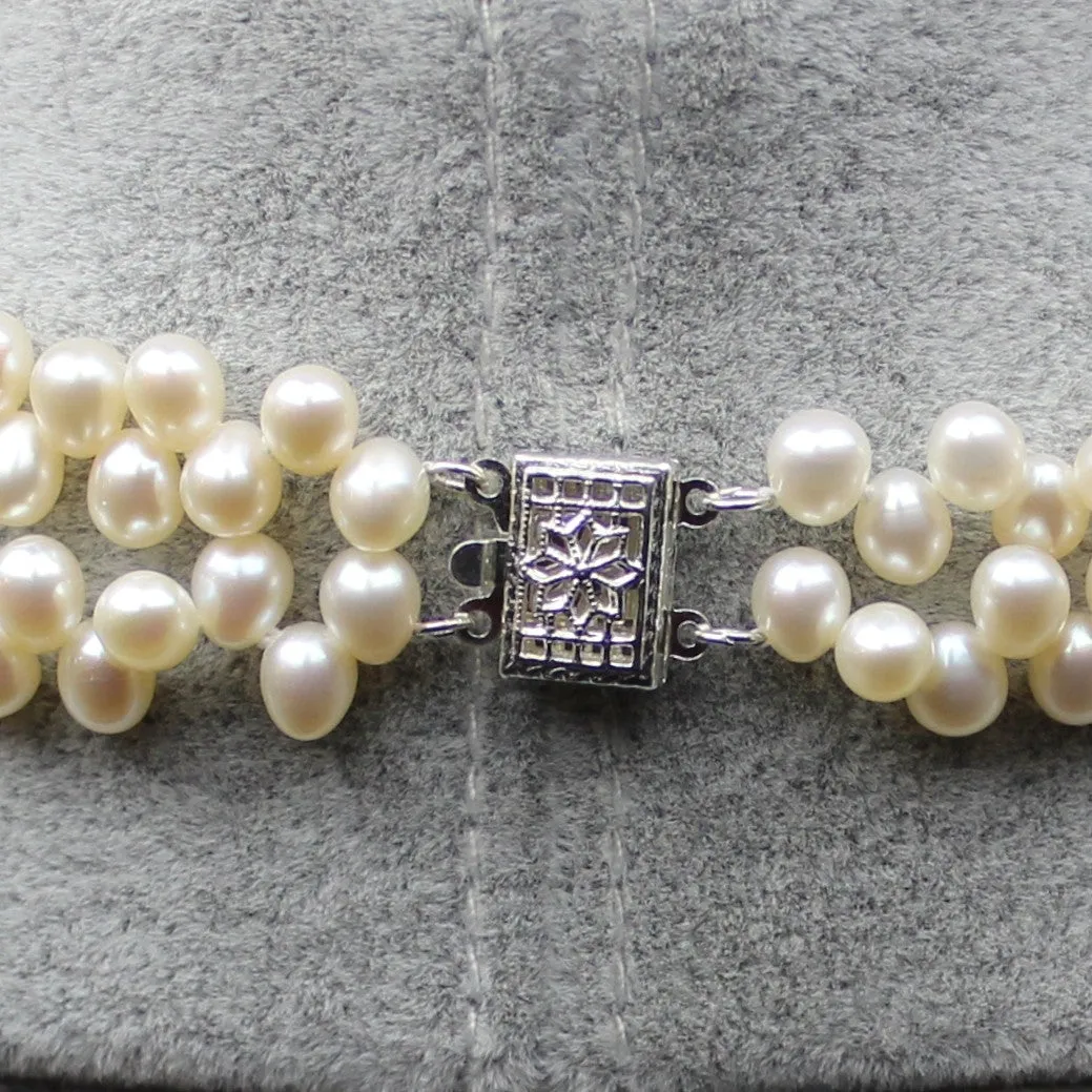 Double Strand Pearl Choker | White Freshwater Cultured Dancing Shape Pearls | Pearl Necklace for Bride