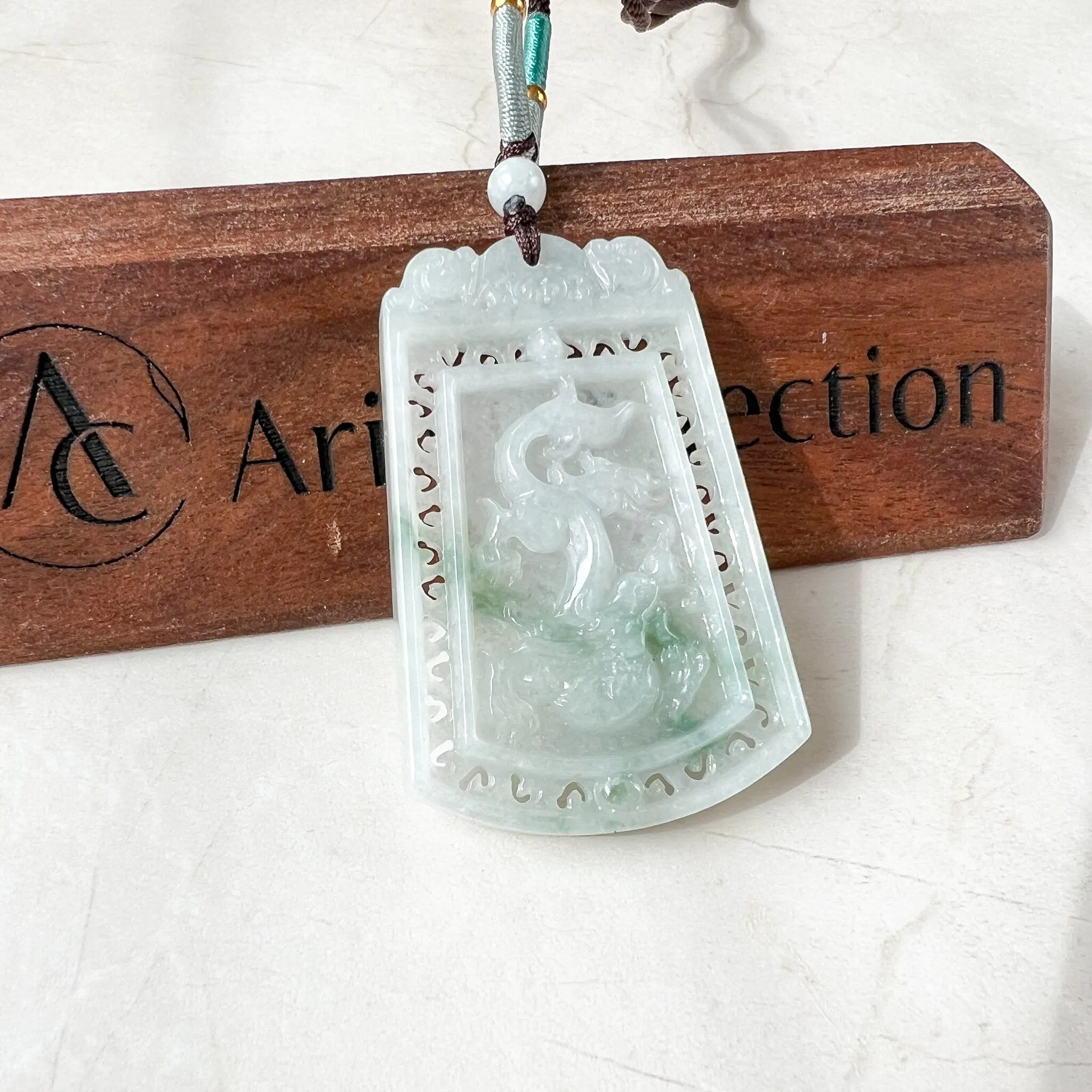 Dual Side Jade Dragon Phoenix Necklace, Green Jadeite Jade, Hand Carved Jade Necklace, Jade Pendant, LSG-0522-1363275