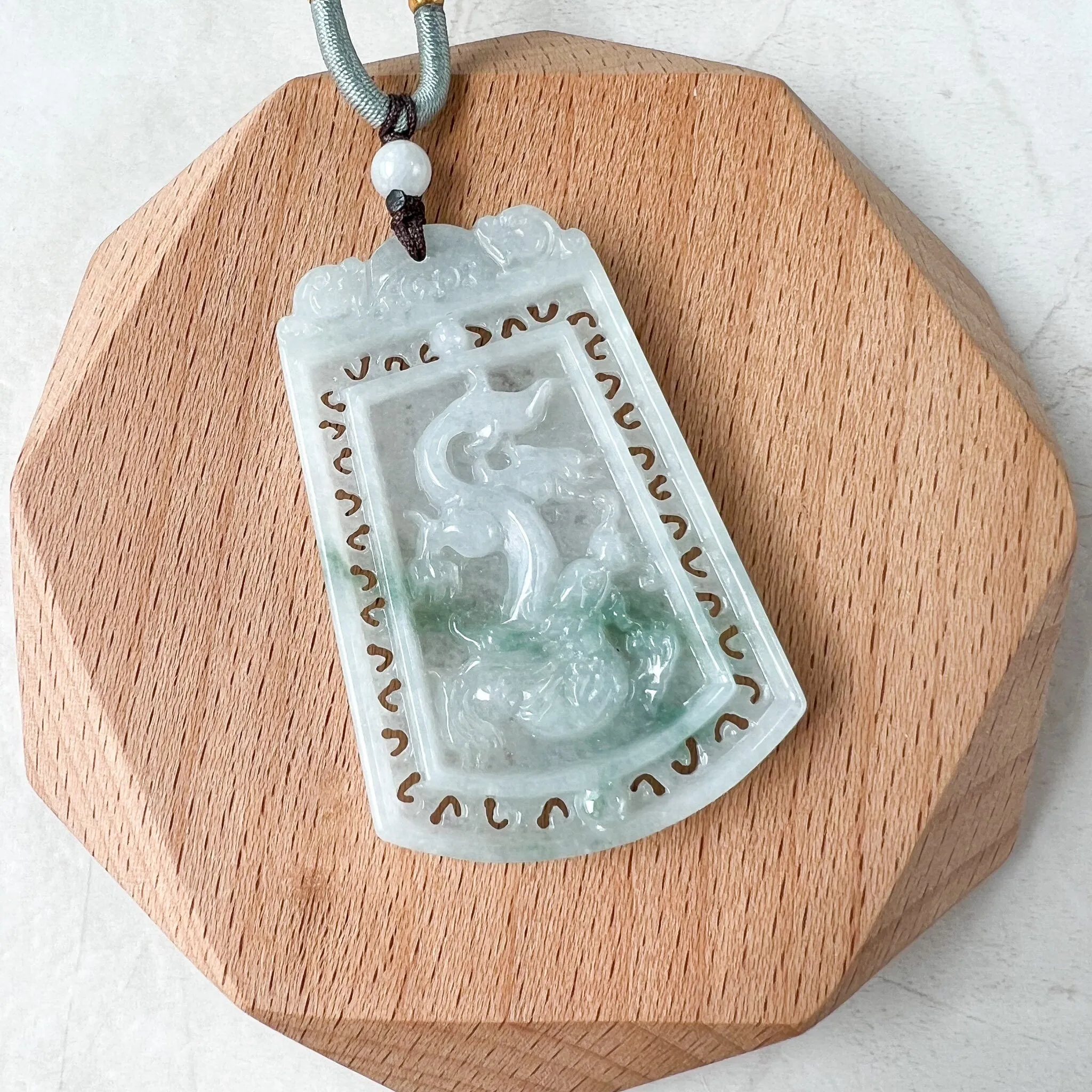 Dual Side Jade Dragon Phoenix Necklace, Green Jadeite Jade, Hand Carved Jade Necklace, Jade Pendant, LSG-0522-1363275