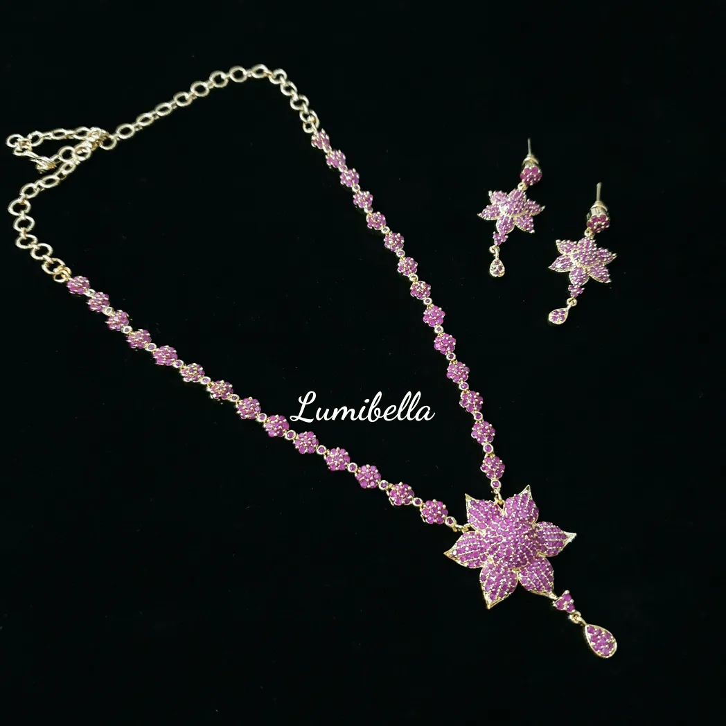 Flower Style Ruby Colored American Diamond Necklace