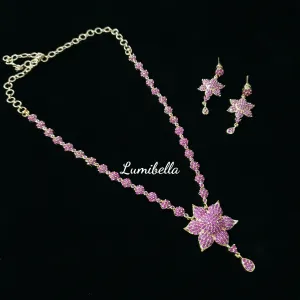 Flower Style Ruby Colored American Diamond Necklace