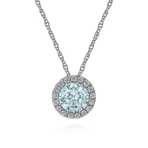 Gabriel & Co. 14K White Gold Aquamarine and Diamond Halo Pendant Necklace