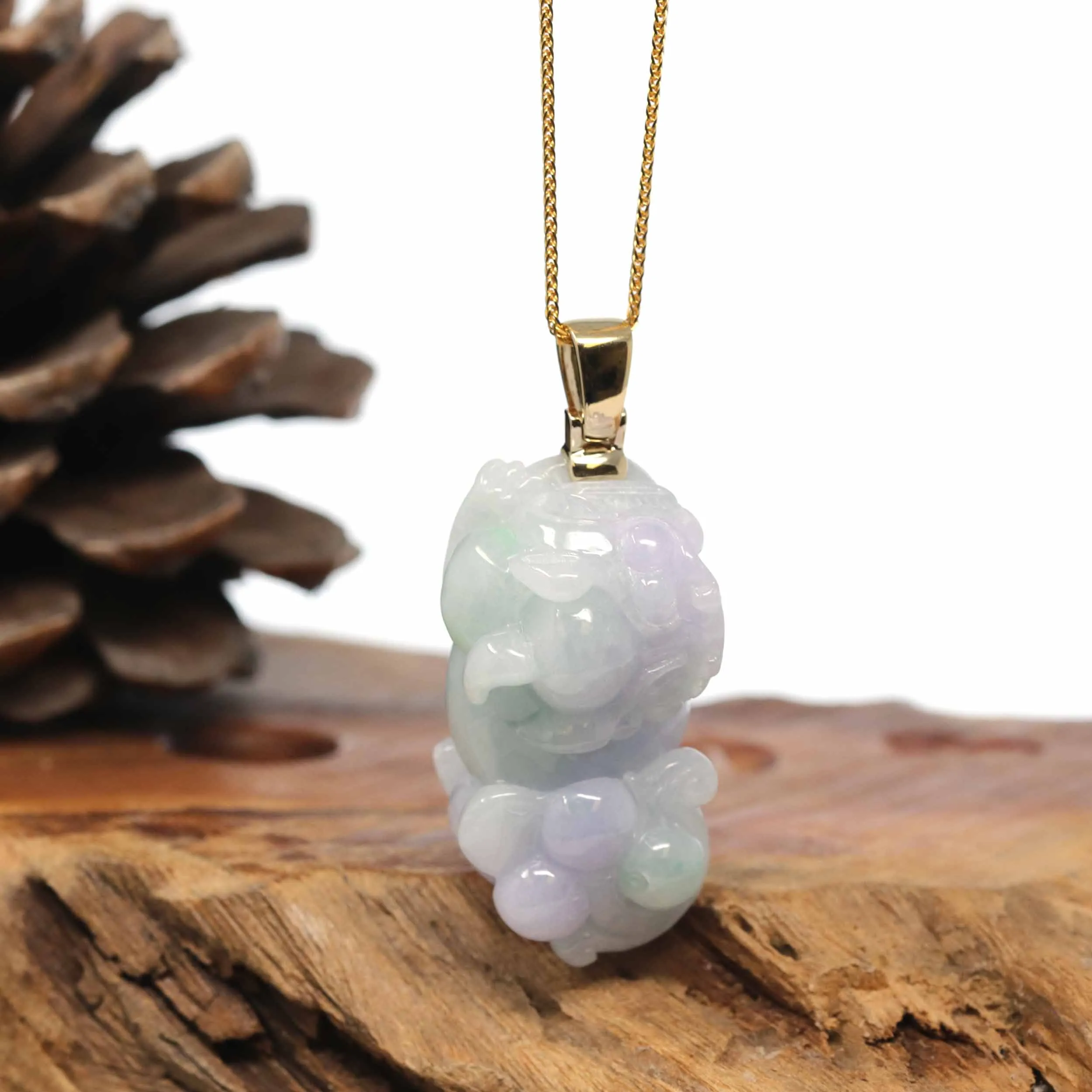 Genuine Burmese Lavender-Green Jadeite Jade PiXiu Pendant Necklace With 18K Gold Bail