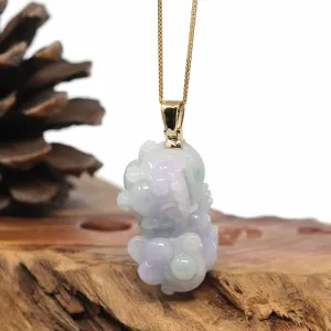 Genuine Burmese Lavender-Green Jadeite Jade PiXiu Pendant Necklace With 18K Gold Bail