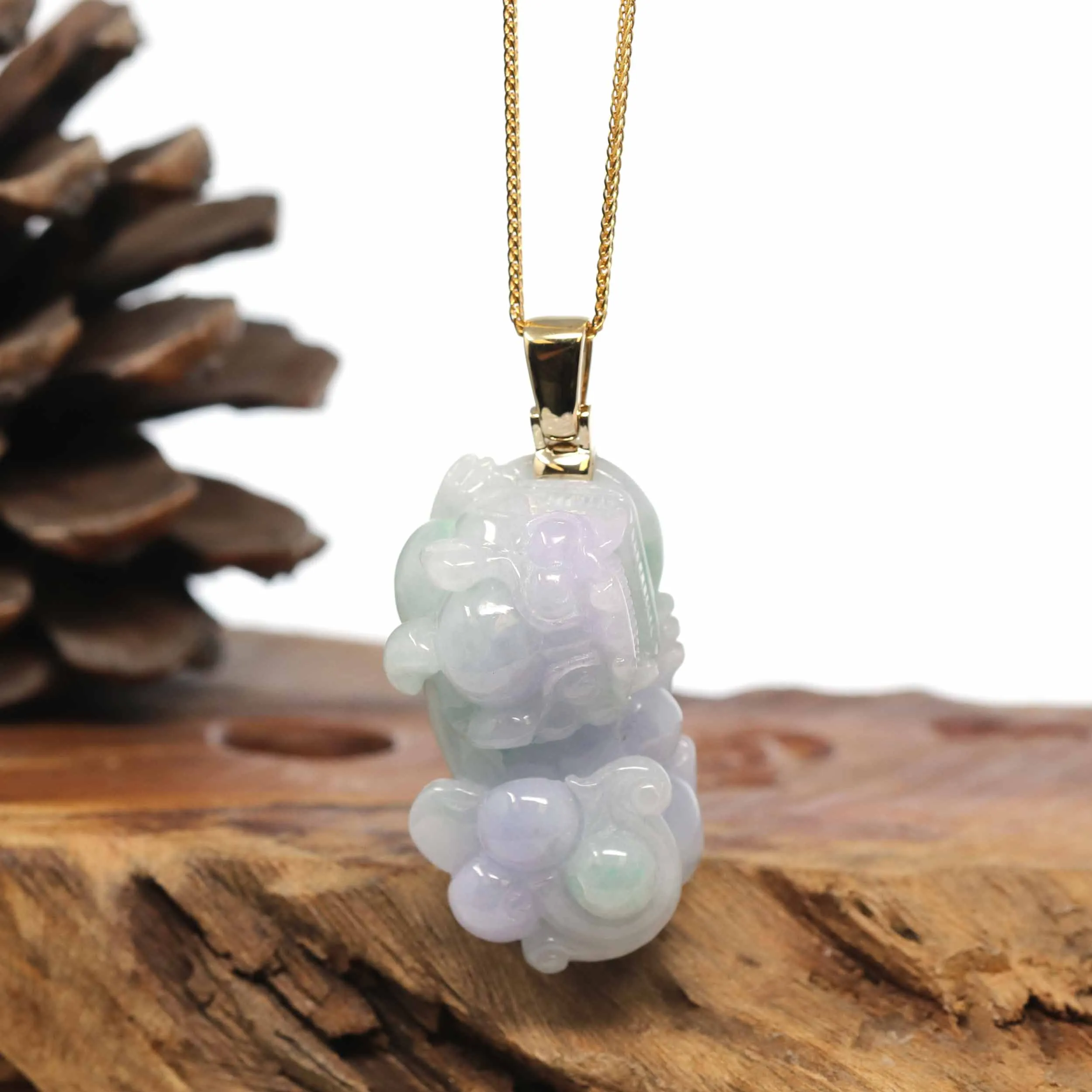 Genuine Burmese Lavender-Green Jadeite Jade PiXiu Pendant Necklace With 18K Gold Bail