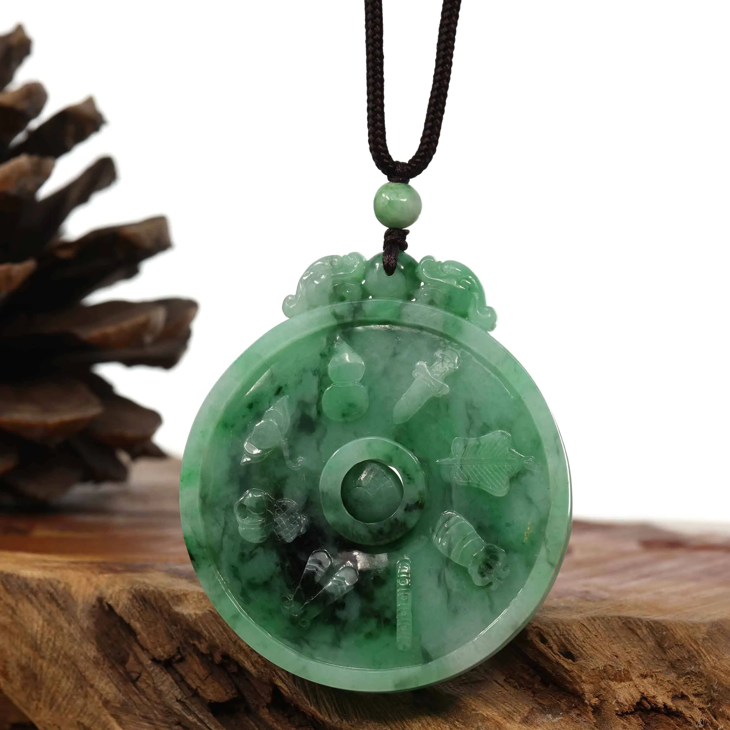 Genuine Green Jadeite Jade 8 Magic Weapon and 12 Chinese Zodiac Pendant Necklace