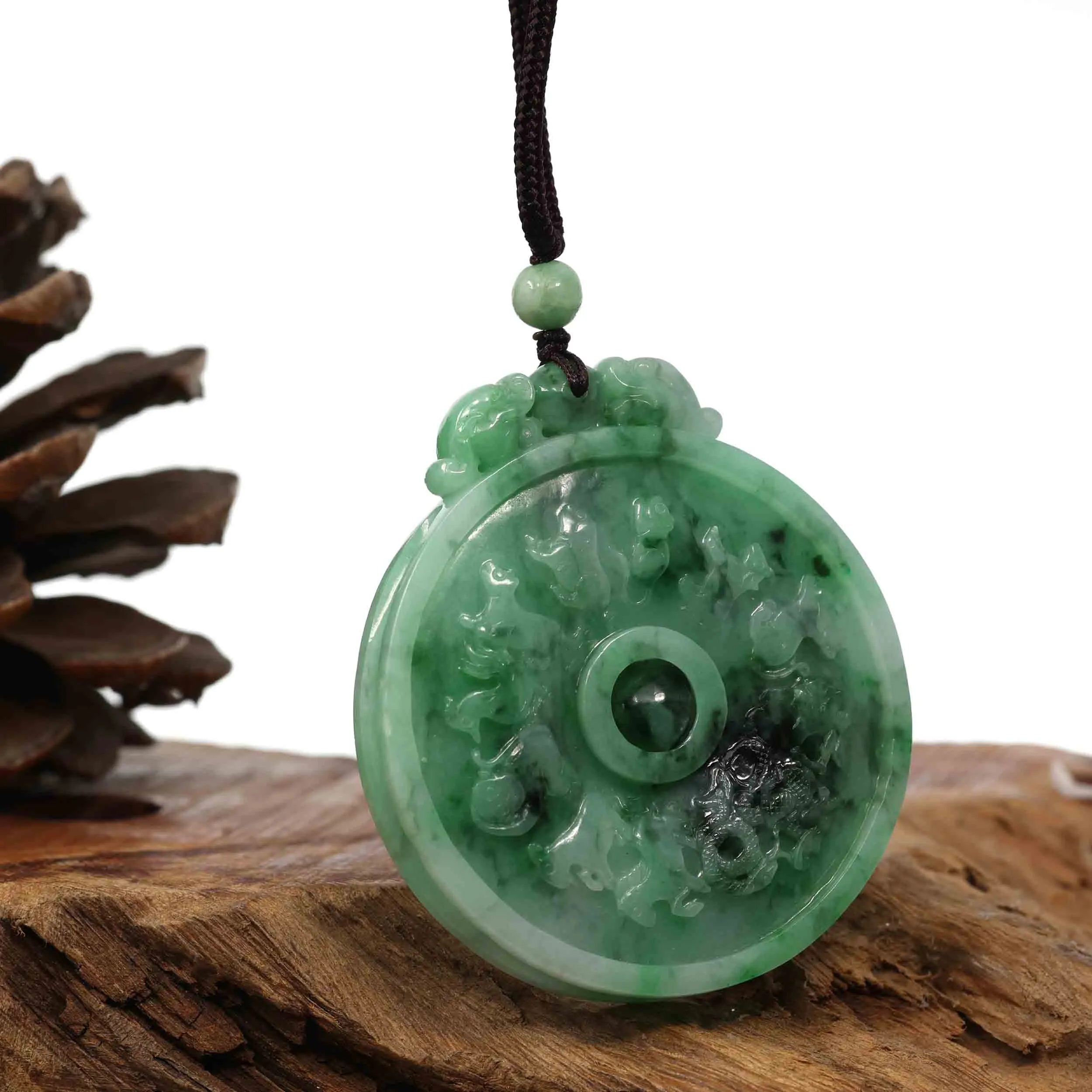 Genuine Green Jadeite Jade 8 Magic Weapon and 12 Chinese Zodiac Pendant Necklace