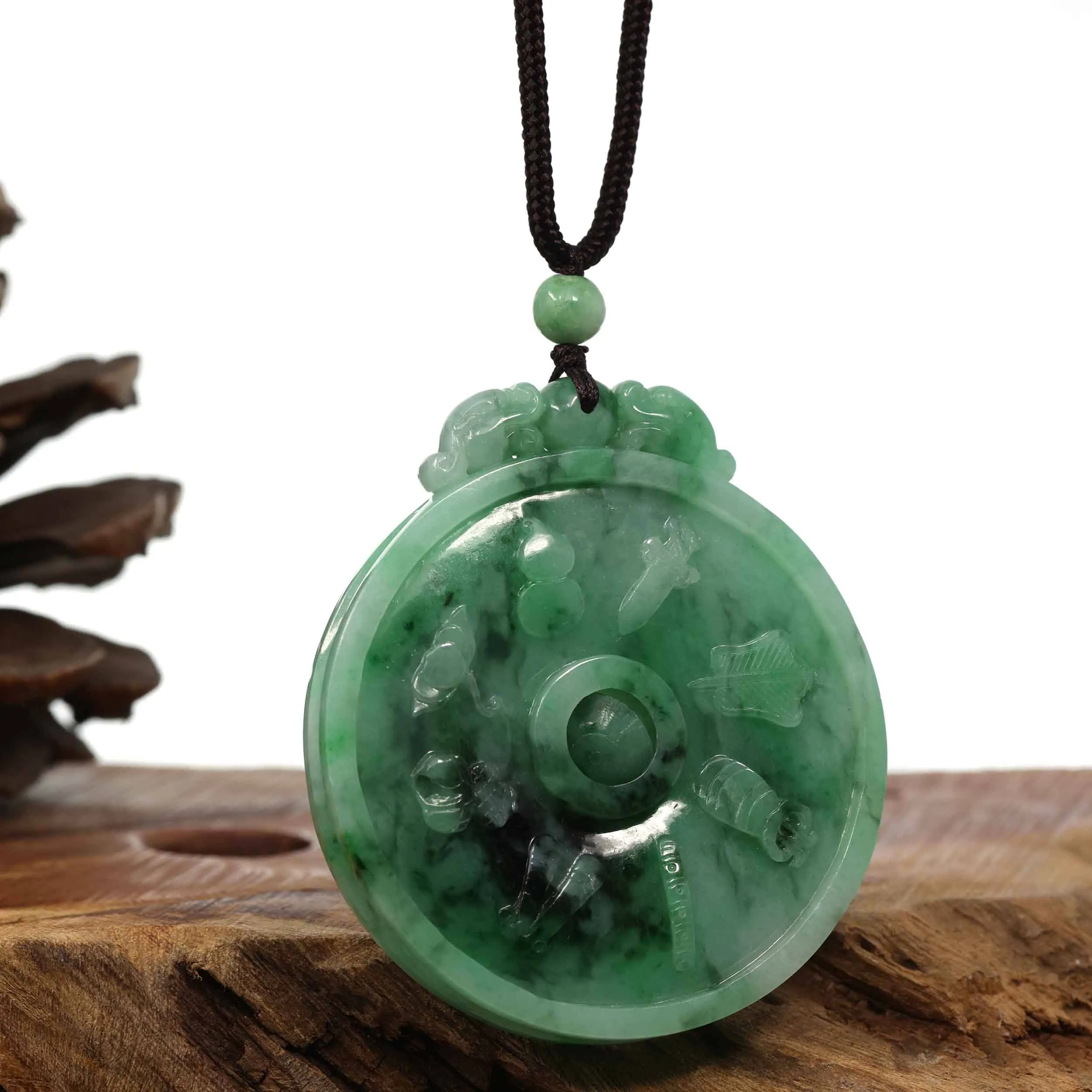 Genuine Green Jadeite Jade 8 Magic Weapon and 12 Chinese Zodiac Pendant Necklace