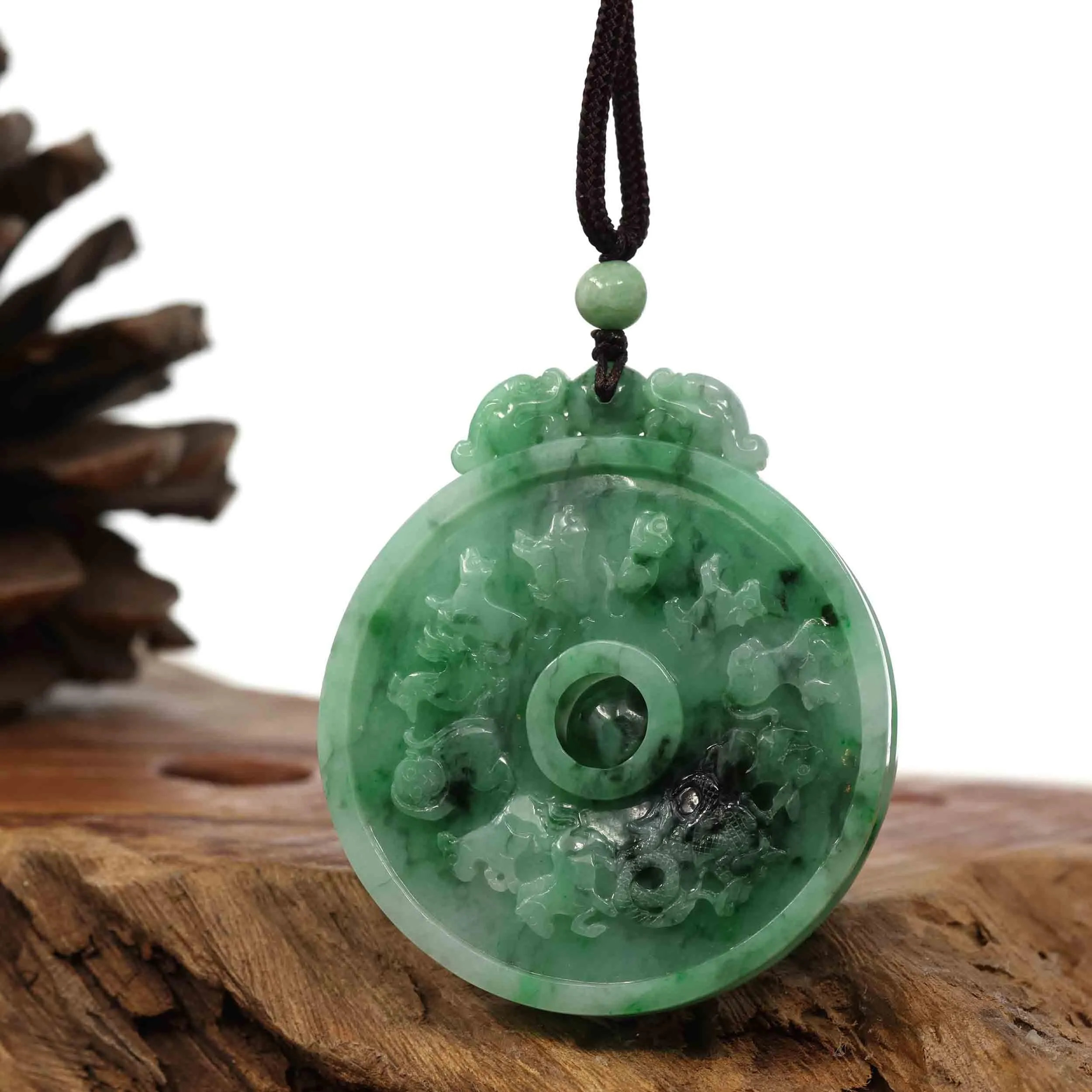 Genuine Green Jadeite Jade 8 Magic Weapon and 12 Chinese Zodiac Pendant Necklace