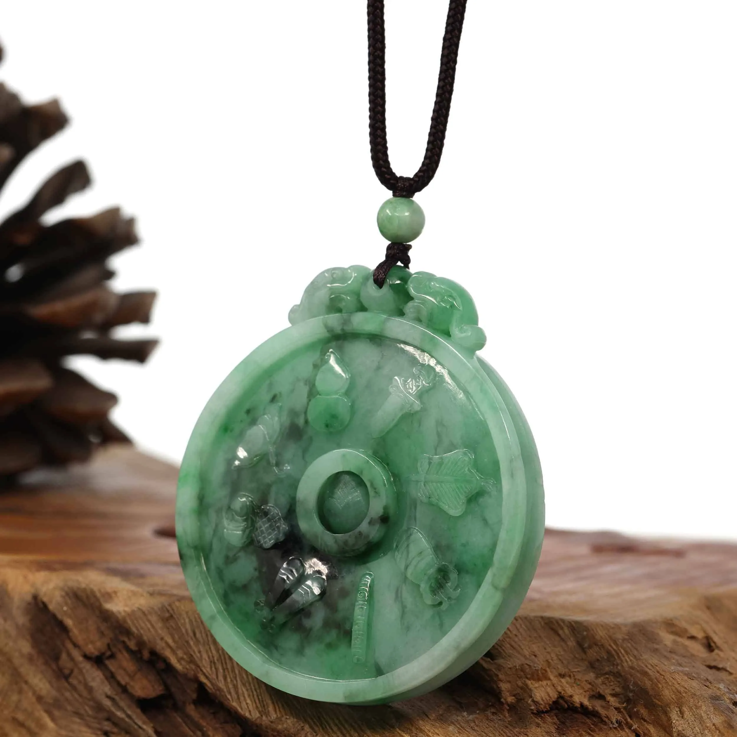 Genuine Green Jadeite Jade 8 Magic Weapon and 12 Chinese Zodiac Pendant Necklace