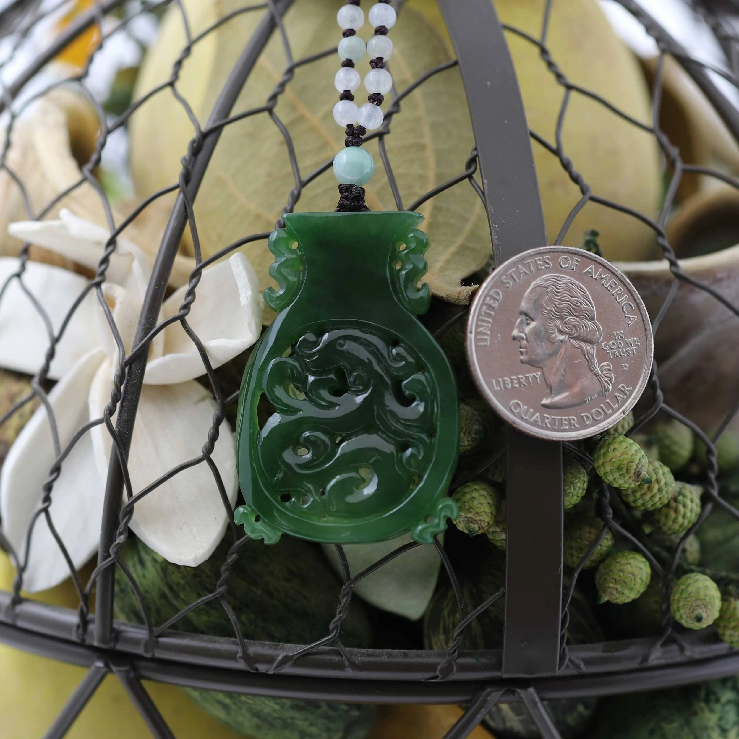 Genuine HeTian Nephrite Green Jade Good Luck Vase Pendant Necklace With Dragon