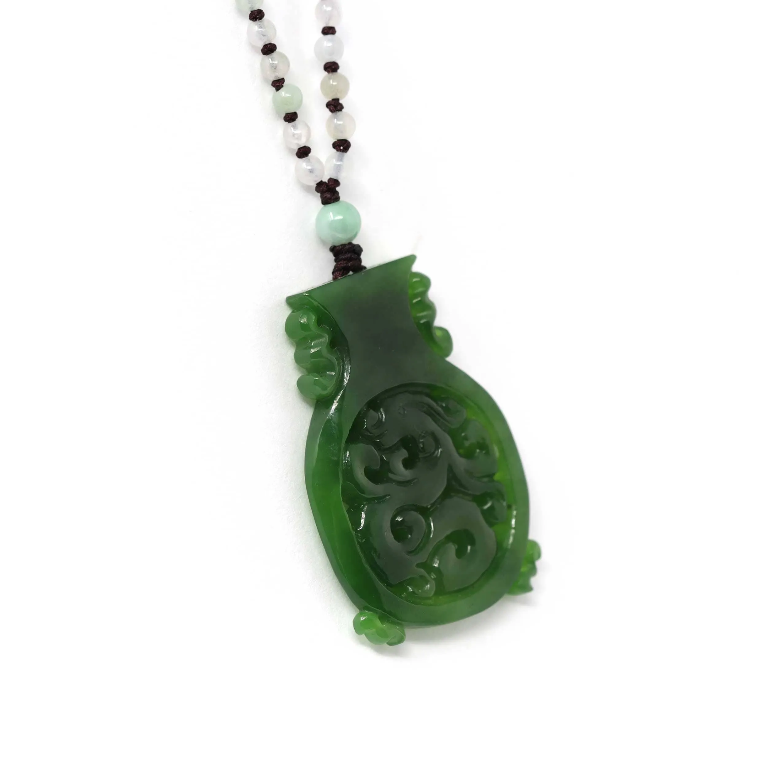 Genuine HeTian Nephrite Green Jade Good Luck Vase Pendant Necklace With Dragon
