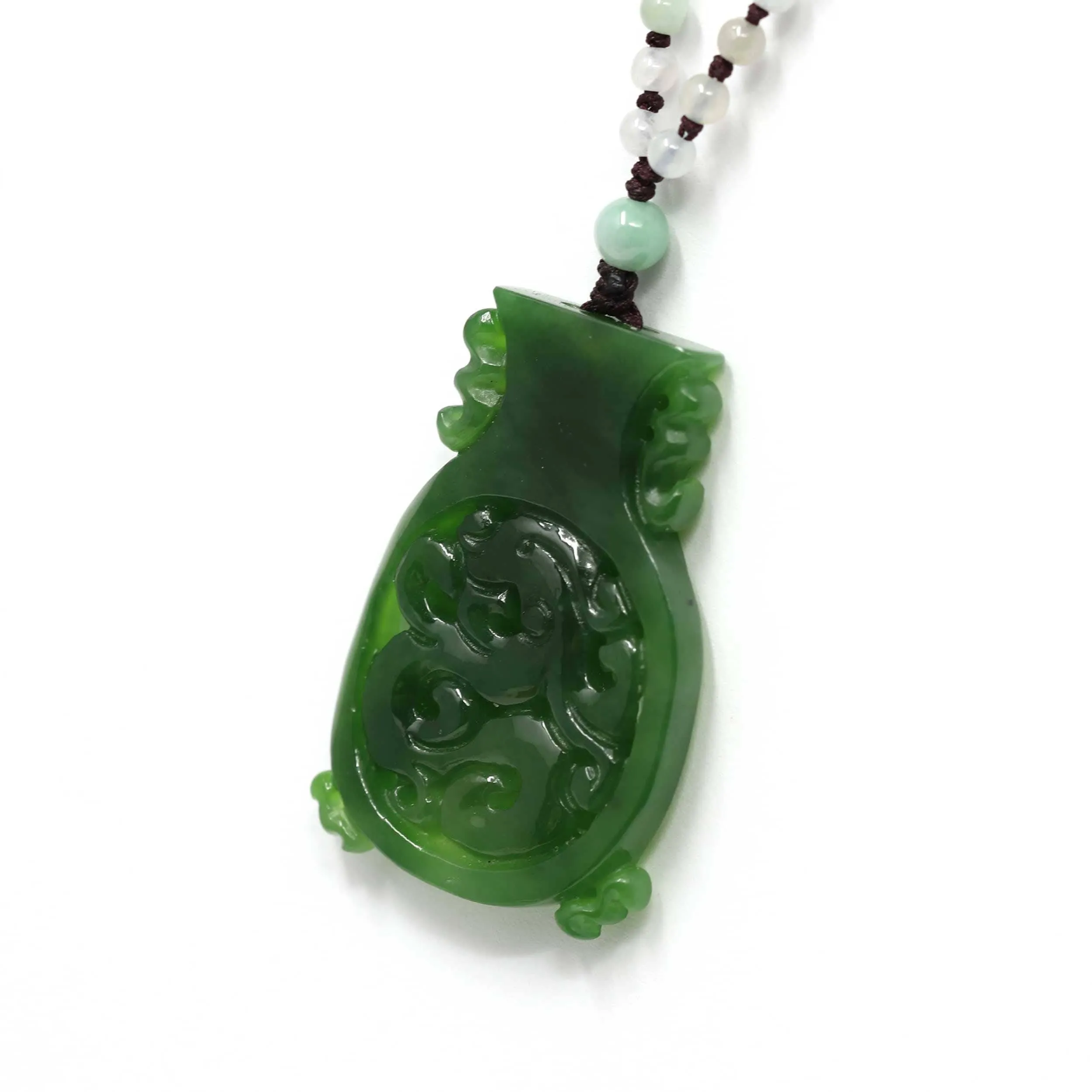Genuine HeTian Nephrite Green Jade Good Luck Vase Pendant Necklace With Dragon