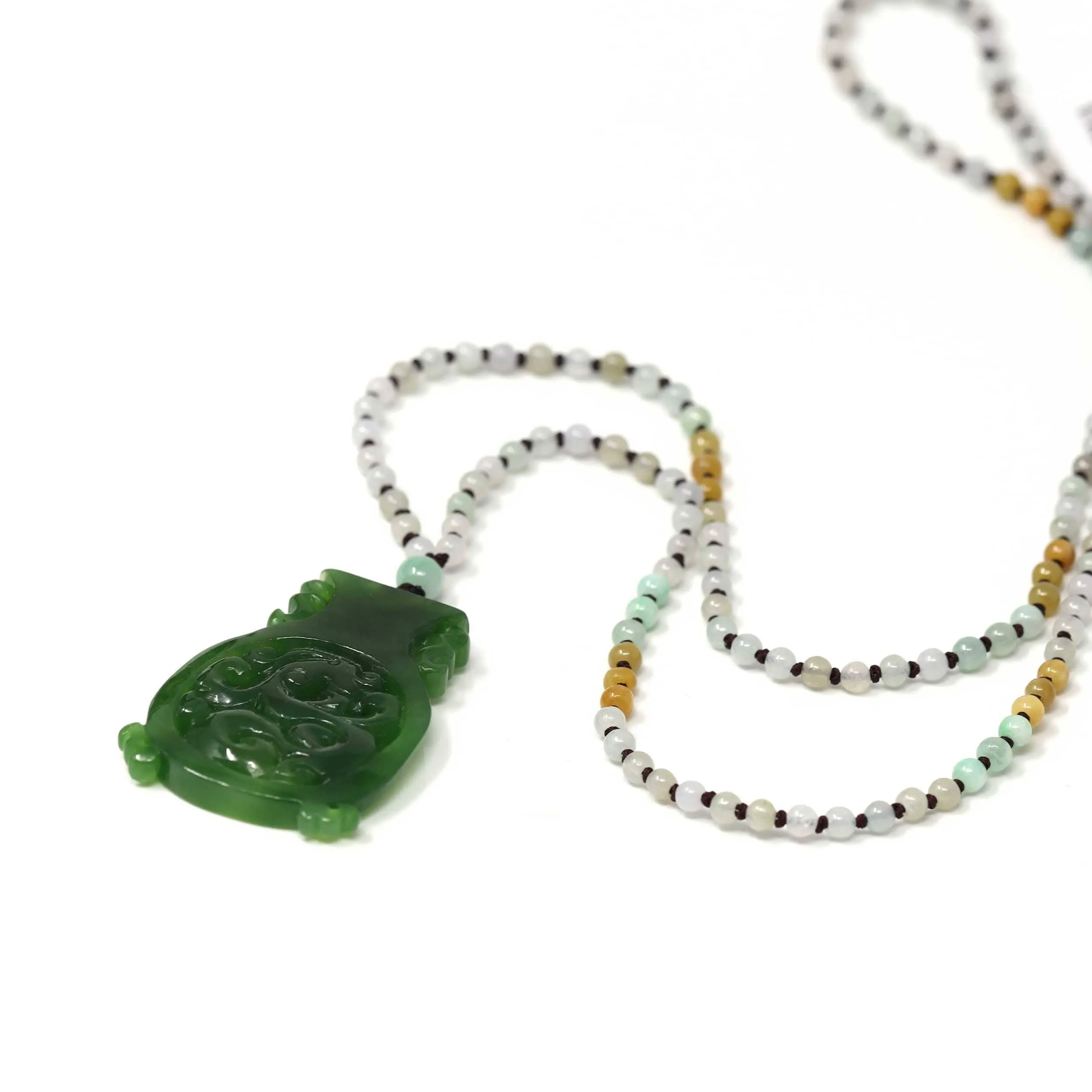 Genuine HeTian Nephrite Green Jade Good Luck Vase Pendant Necklace With Dragon