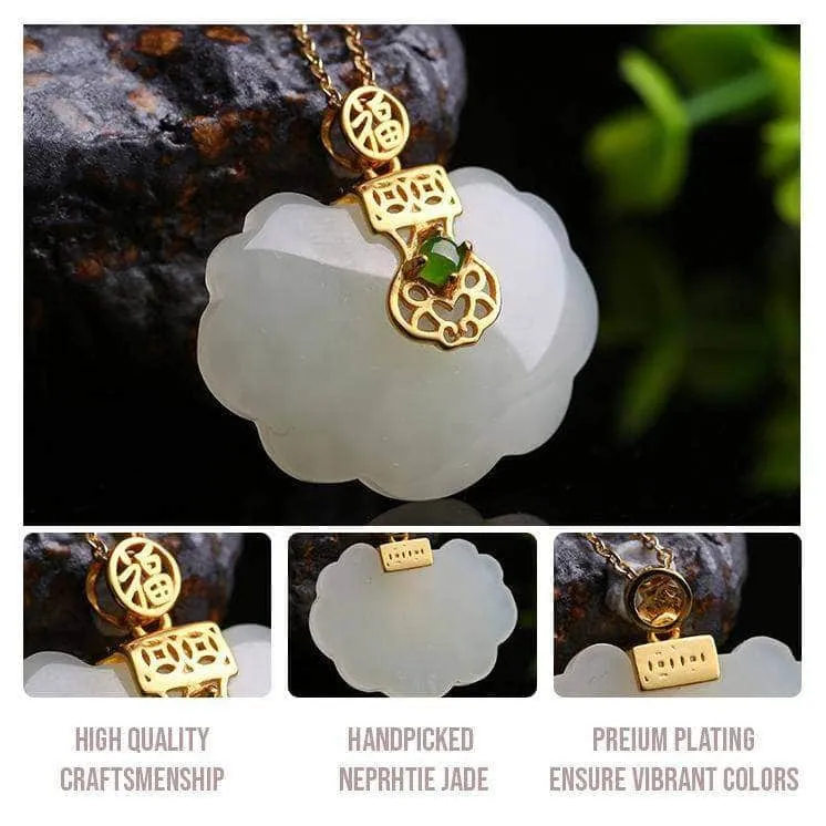 Genuine White Jade RuYi Pendant Necklace  with 14K Yellow Solid Gold Bail