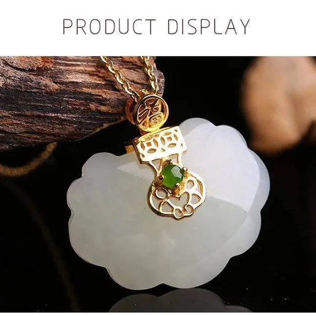 Genuine White Jade RuYi Pendant Necklace  with 14K Yellow Solid Gold Bail
