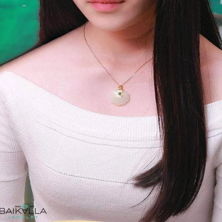Genuine White Jade RuYi Pendant Necklace  with 14K Yellow Solid Gold Bail