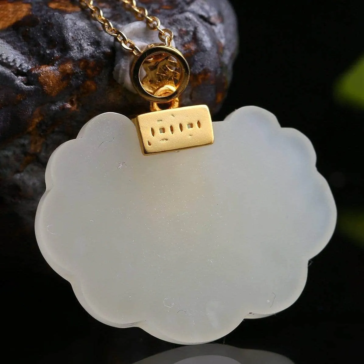 Genuine White Jade RuYi Pendant Necklace  with 14K Yellow Solid Gold Bail
