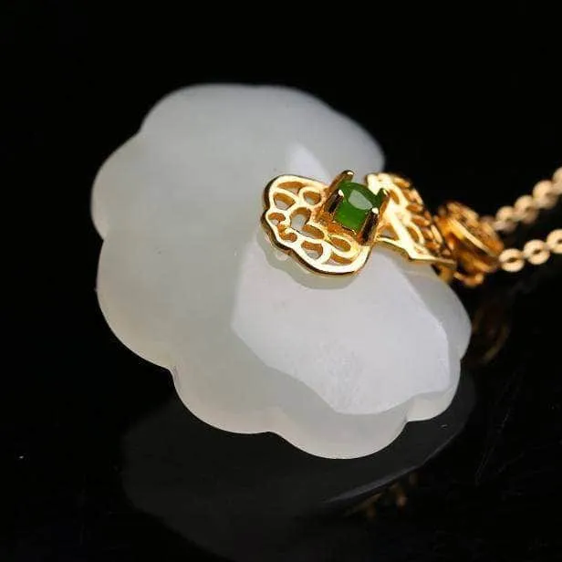Genuine White Jade RuYi Pendant Necklace  with 14K Yellow Solid Gold Bail