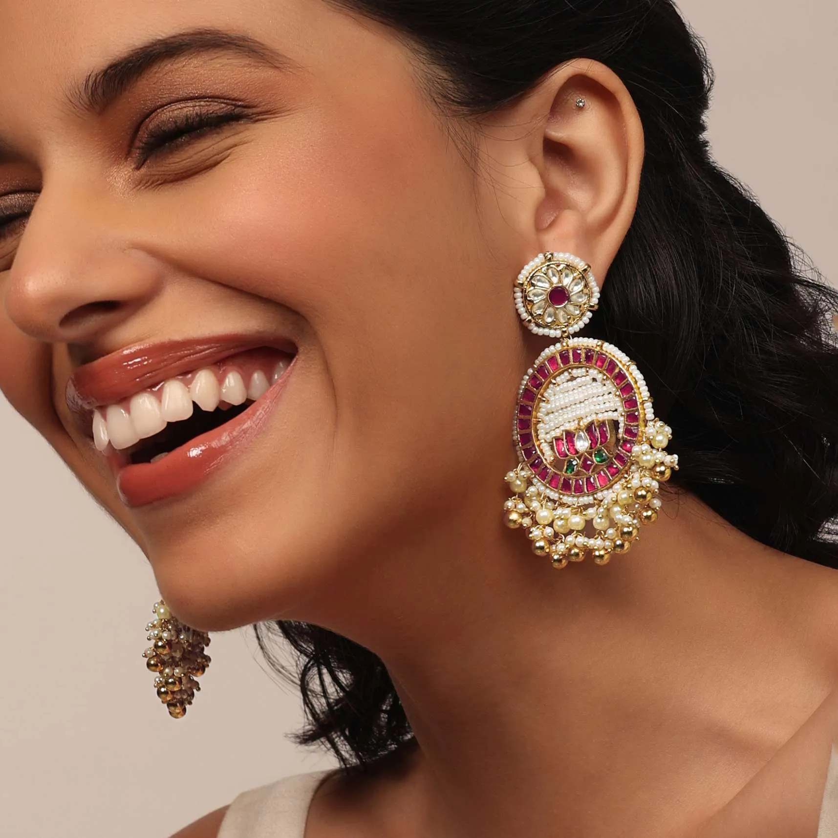 Gold Finish Kundan Polki Earrings With Beads And Synthetic Stones