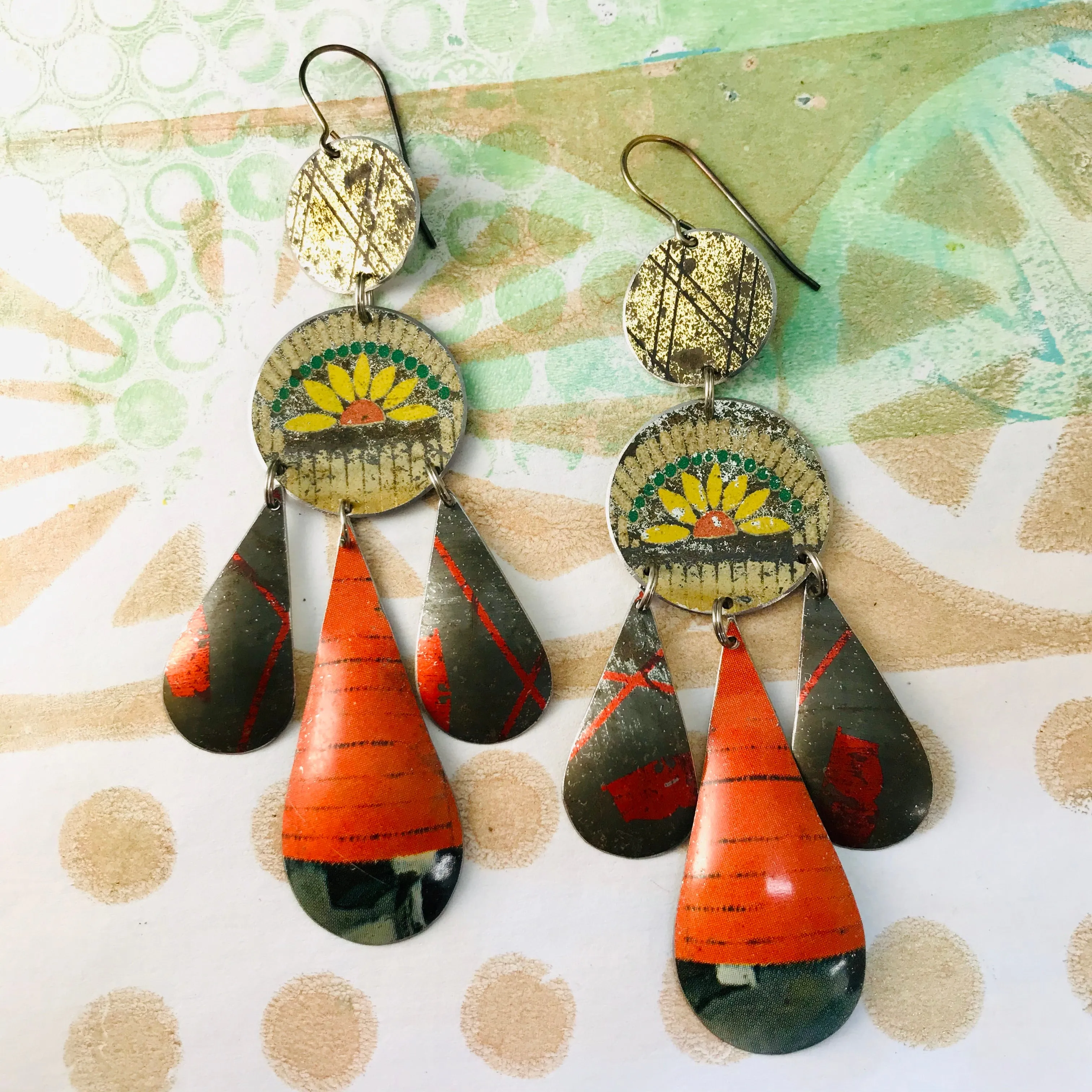 Golden Daisy & Barn Door Tin Chandelier Earrings