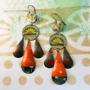 Golden Daisy & Barn Door Tin Chandelier Earrings