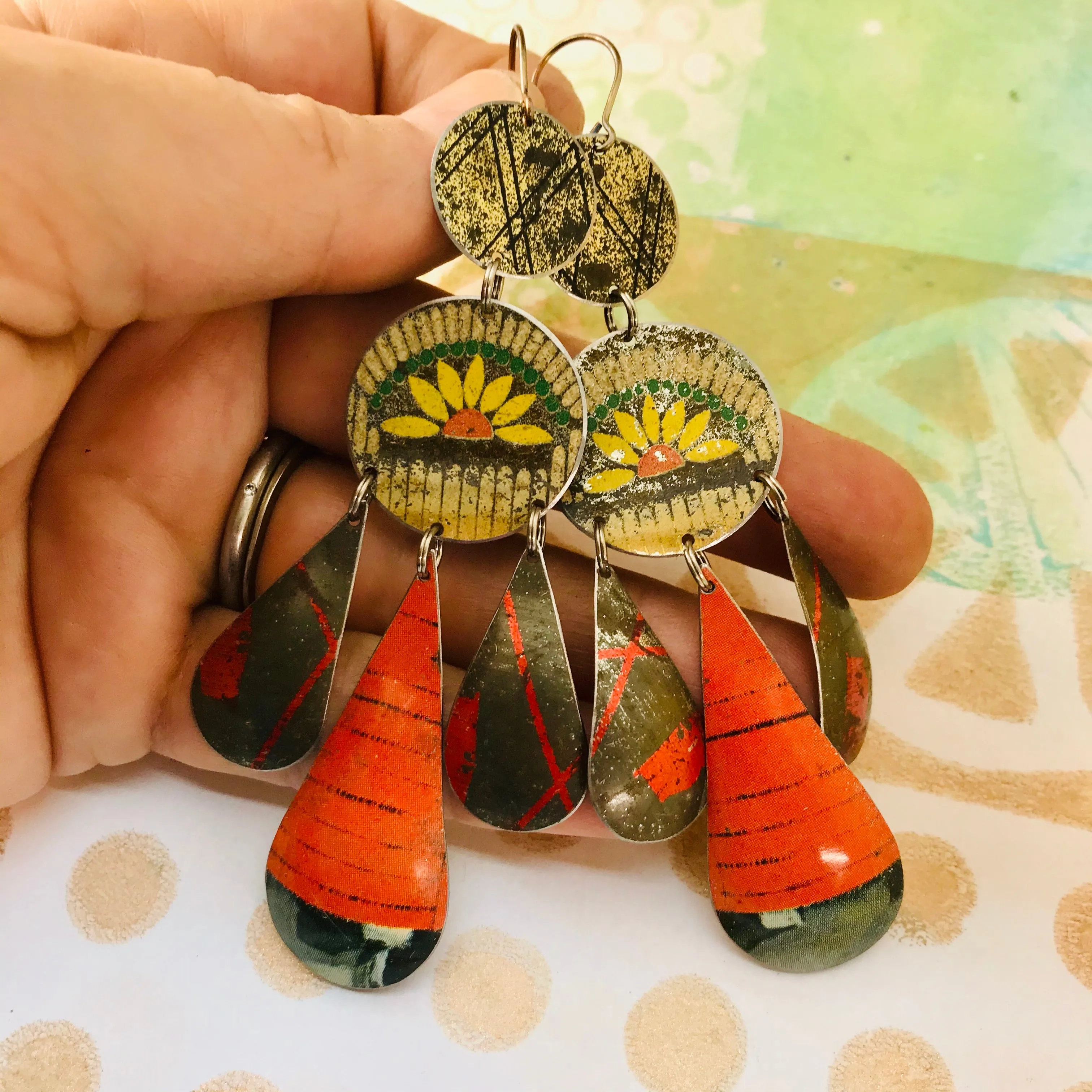 Golden Daisy & Barn Door Tin Chandelier Earrings