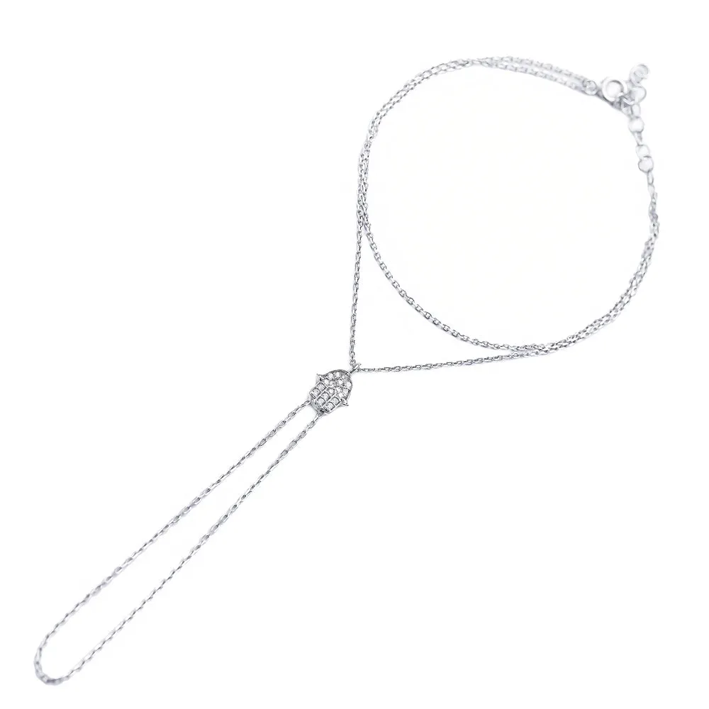 Hamsa Hand-chain, Diamond CZ .925 Sterling Silver Lucky Fatima Hand Bracelet-Ring