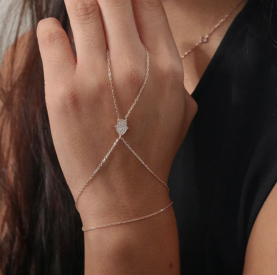 Hamsa Hand-chain, Diamond CZ .925 Sterling Silver Lucky Fatima Hand Bracelet-Ring