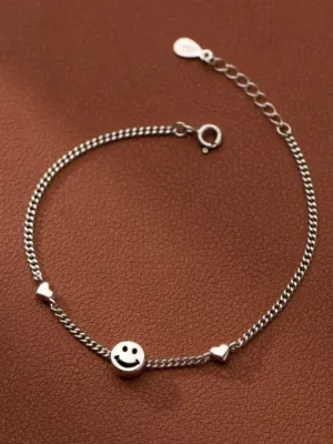 Happy Face Love Bracelet, .925 Sterling Silver Waterproof, Hypoallergenic Unisex Dainty Smiley Bracelet