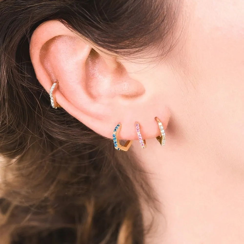 Hexagon Huggie Hoop Earring with Blue Topaz - Gold - PCEH12TZYG