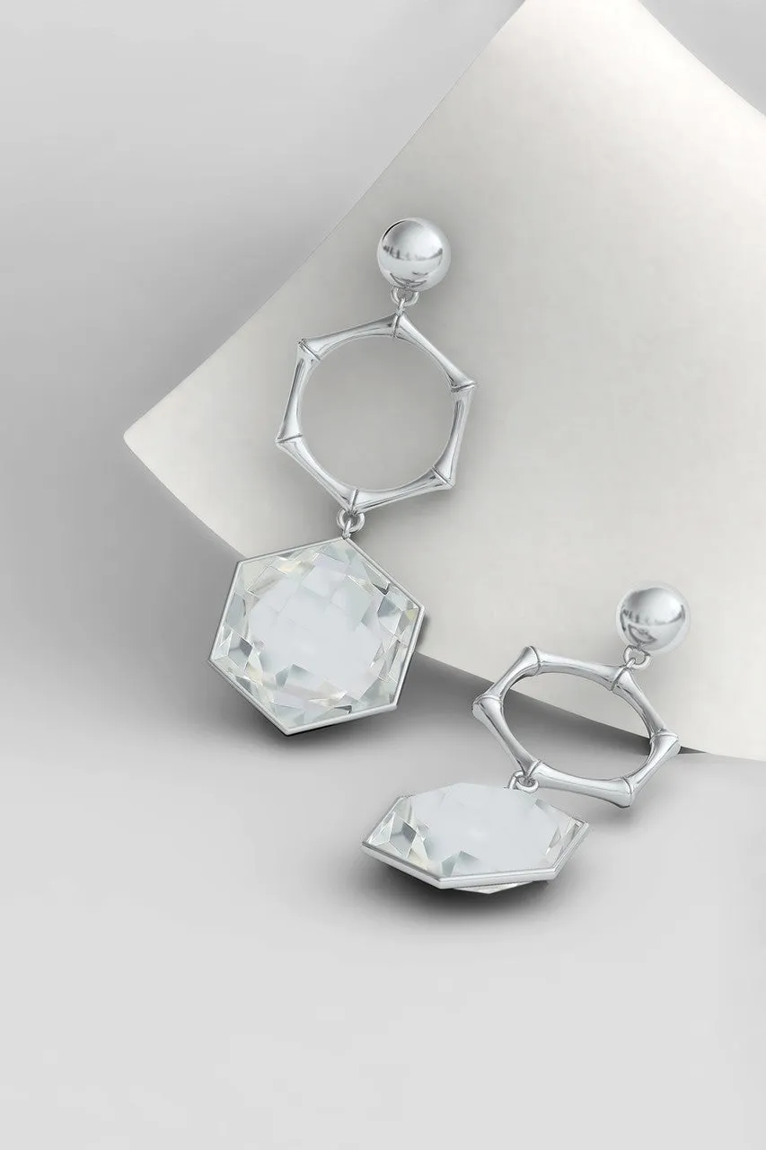 Indochine Midnight Silver & White Topaz Stone  Bamboo Earrings