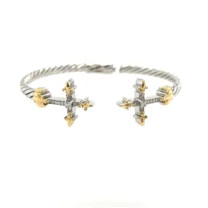 Italian Sterling Silver Diamond Double Cross Bracelet w/ 14KY Accents & 0.17 ctw