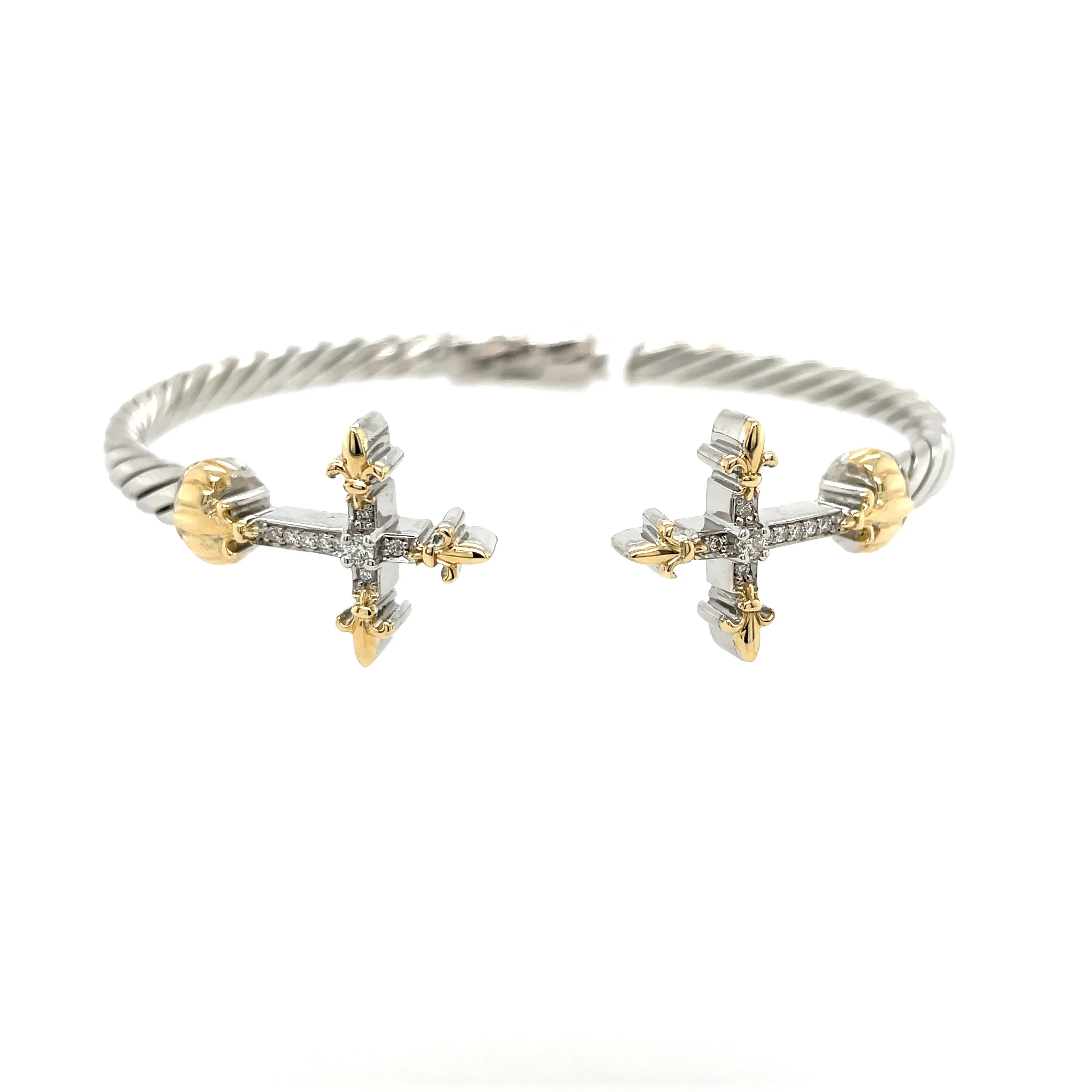Italian Sterling Silver Diamond Double Cross Bracelet w/ 14KY Accents & 0.17 ctw