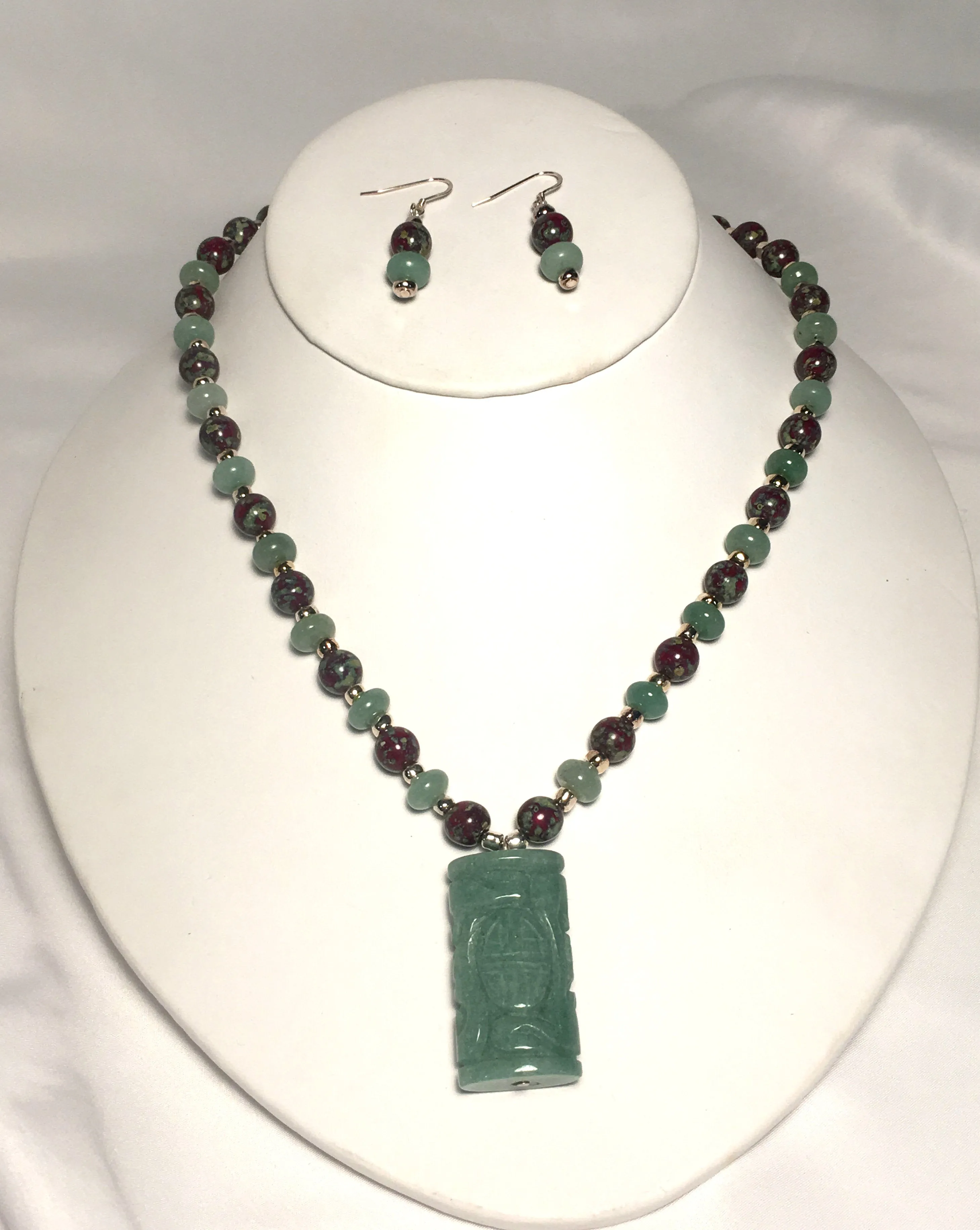 Jade Pendant and Picasso Bead Necklace and Dangle Earrings Set