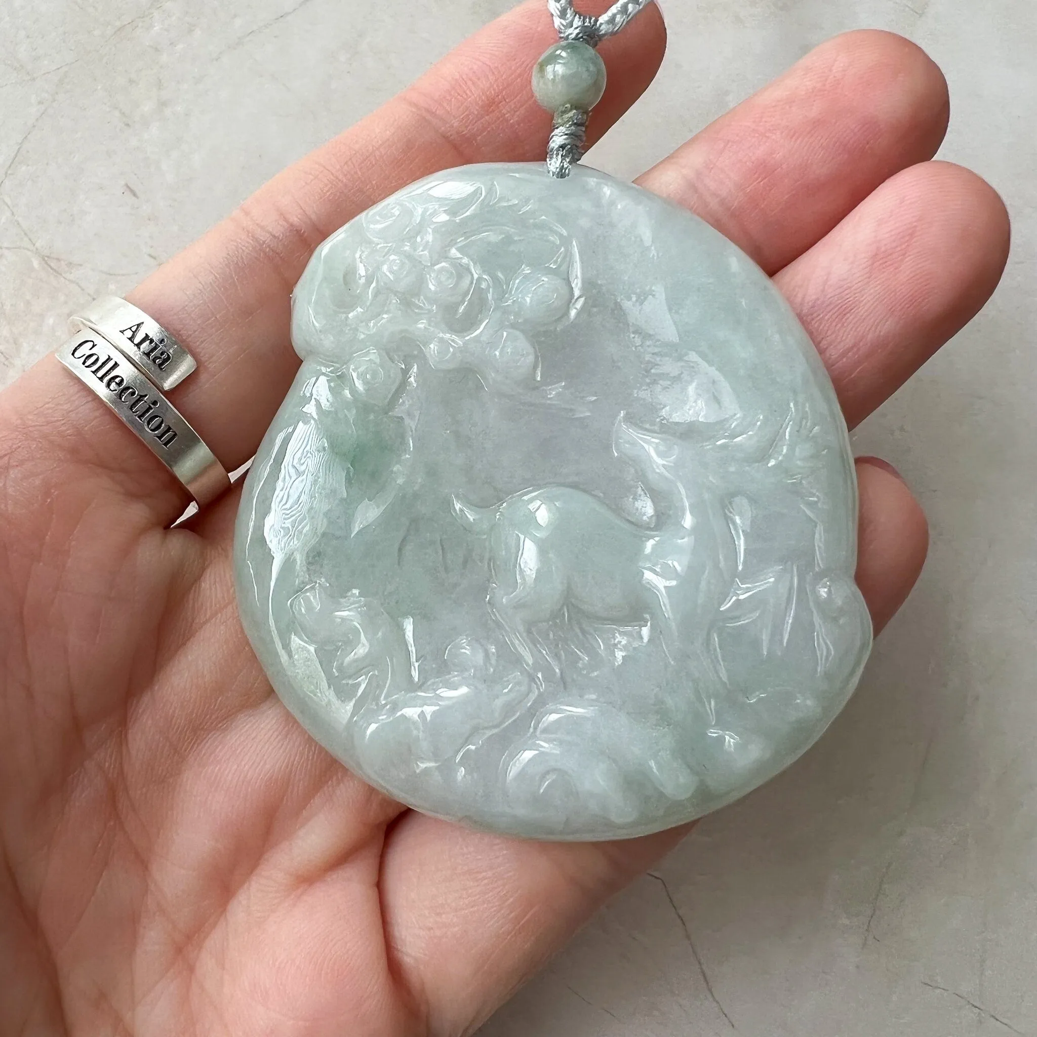 Jadeite Jade Deer in Forest Hand Carved Pendant Necklace, YJ-0622-0426838