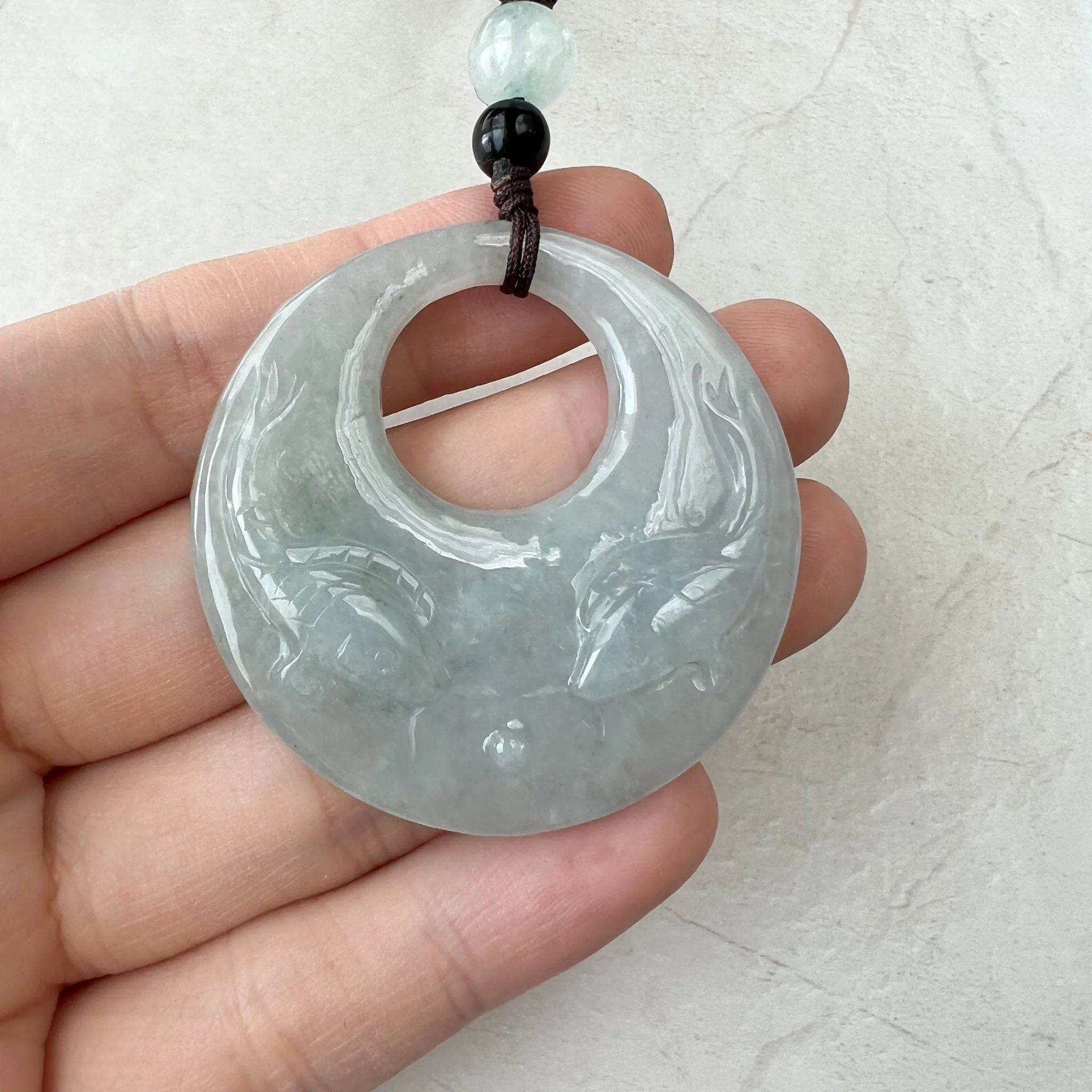Jadeite Jade Twin Fish, Pisces Zodiac Horoscope Necklace, Hand Carved Pendant Necklace, YJ-1221-0315209-3