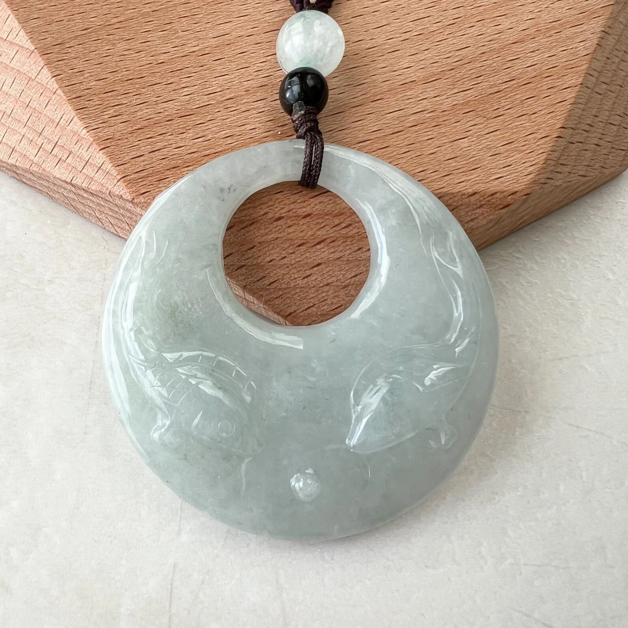 Jadeite Jade Twin Fish, Pisces Zodiac Horoscope Necklace, Hand Carved Pendant Necklace, YJ-1221-0315209-3