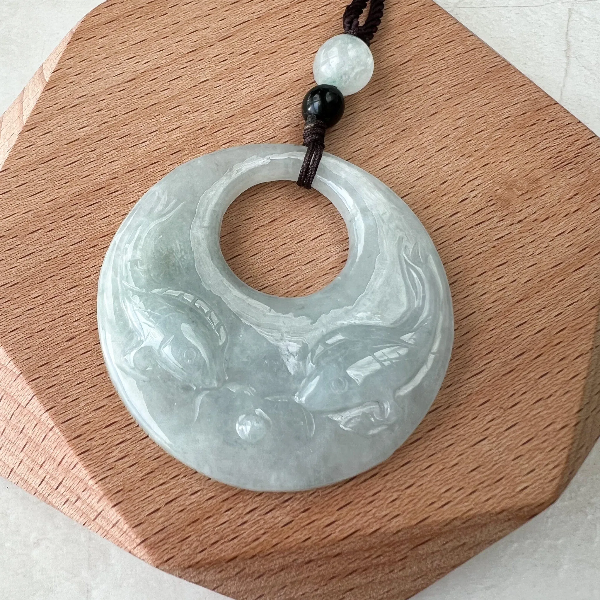 Jadeite Jade Twin Fish, Pisces Zodiac Horoscope Necklace, Hand Carved Pendant Necklace, YJ-1221-0315209-3