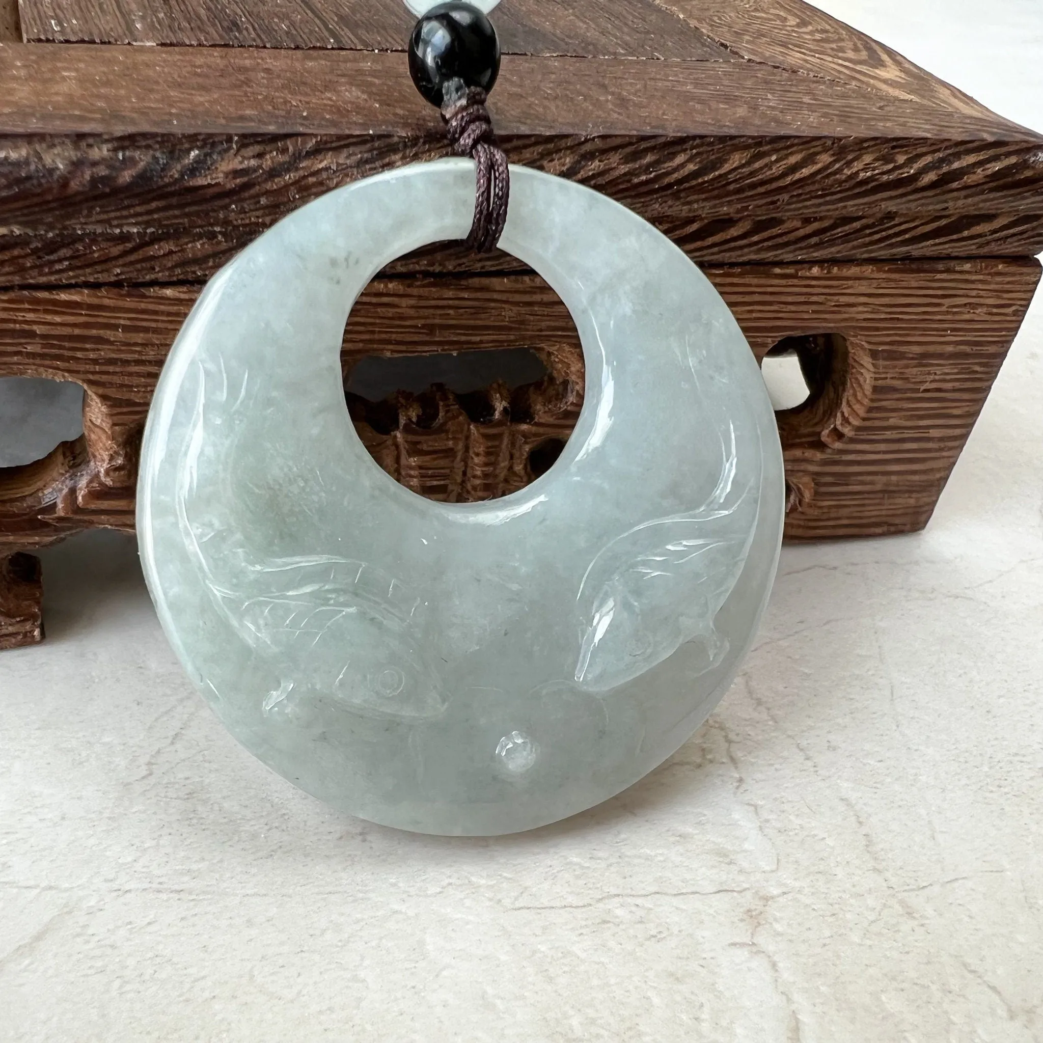 Jadeite Jade Twin Fish, Pisces Zodiac Horoscope Necklace, Hand Carved Pendant Necklace, YJ-1221-0315209-3