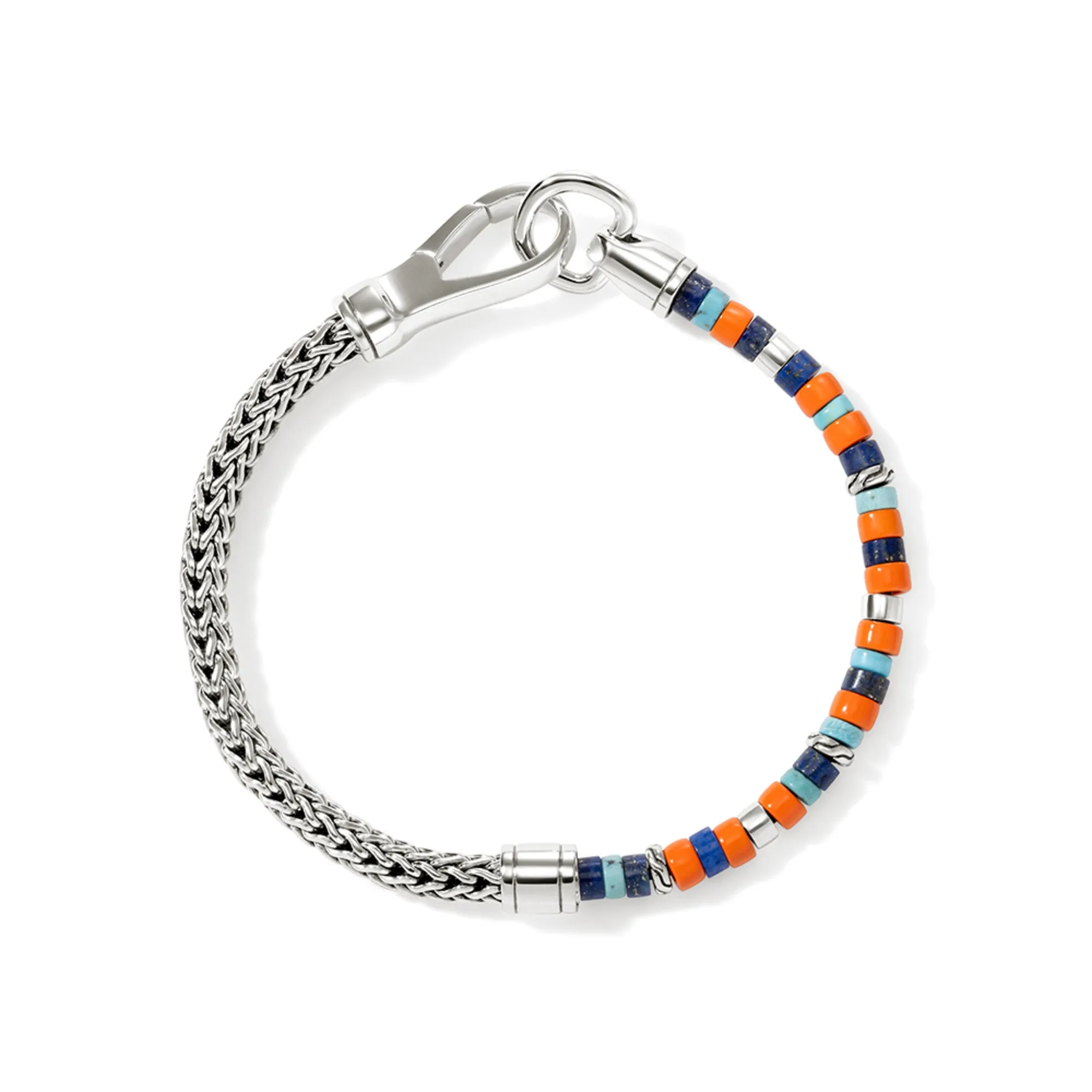 JOHN HARDY LARGE STERLING SILVER LAPIS, ORANGE BEAD AND TURQUOISE BRACELET
