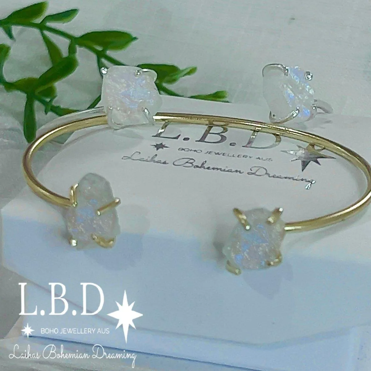 Laihas Raw Crystal Gold Moonstone Cuff Bangle