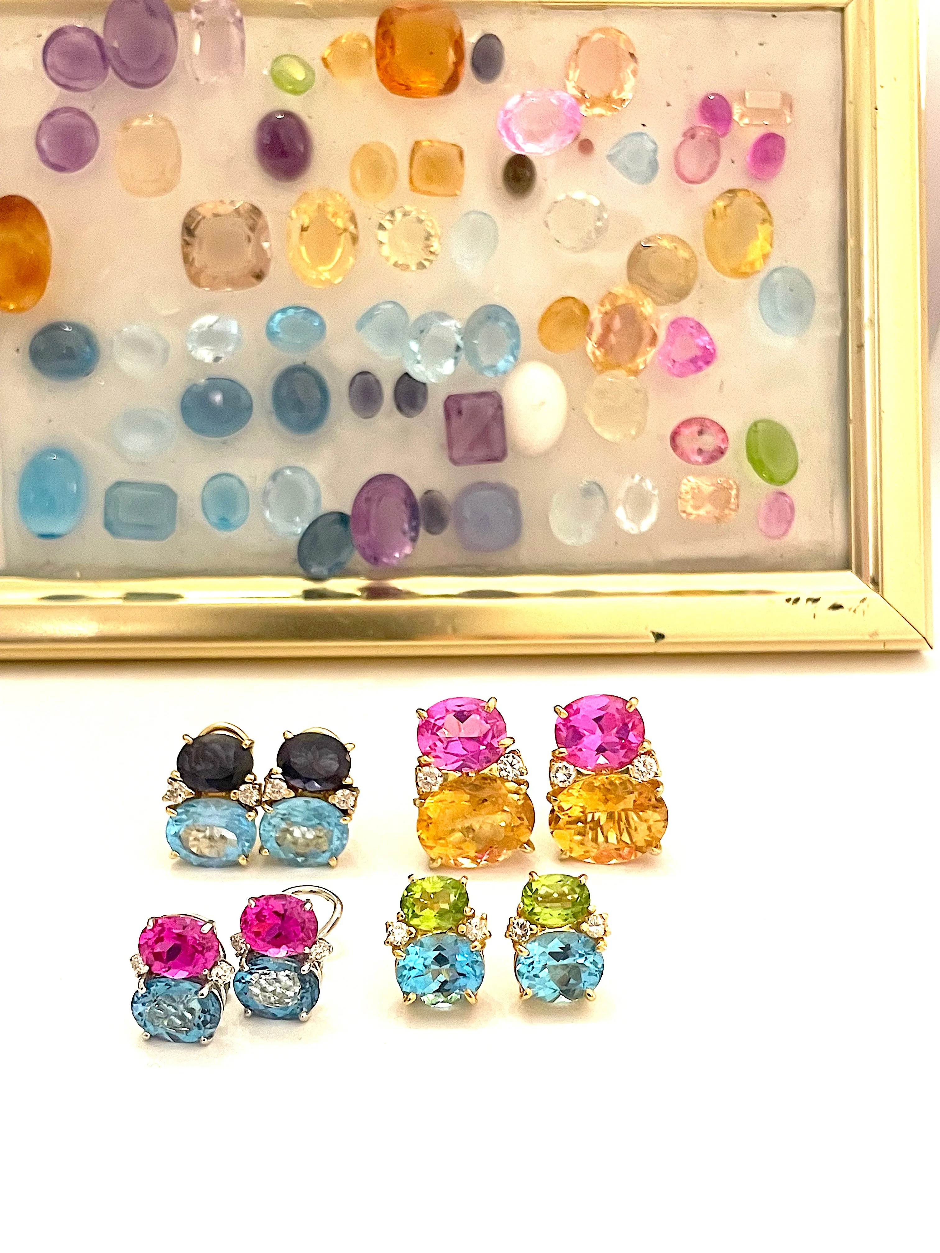 Large GUM DROP™ Earrings with Blue Topaz and Cabochon Smoky Topaz and Diamonds