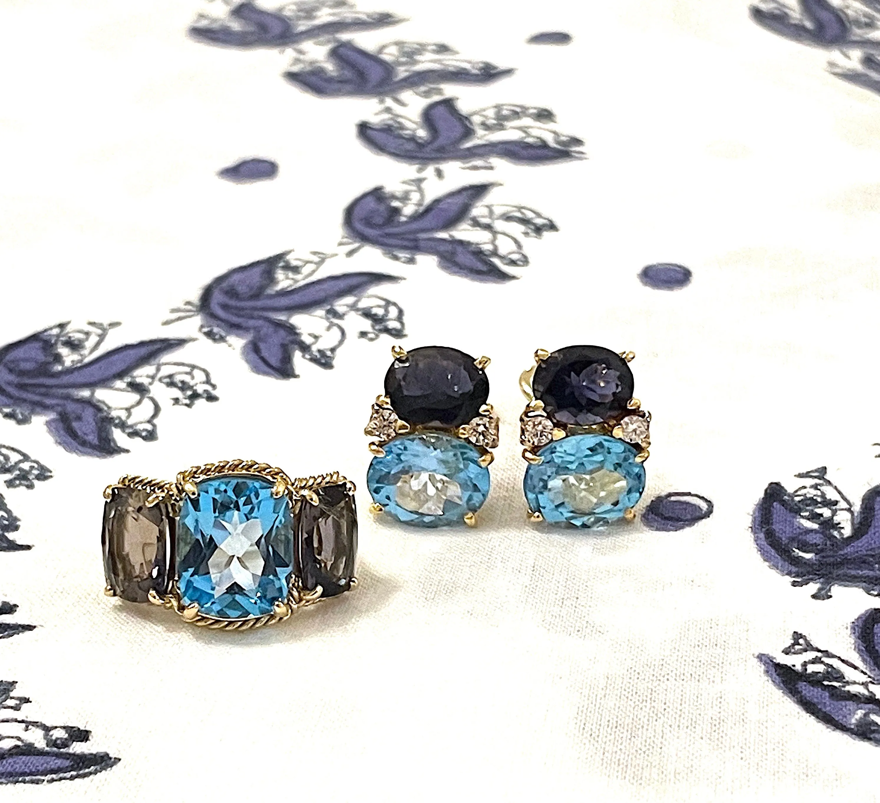 Large GUM DROP™ Earrings with Blue Topaz and Cabochon Smoky Topaz and Diamonds