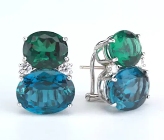 Large GUM DROP™ Earrings with Blue Topaz and Cabochon Smoky Topaz and Diamonds