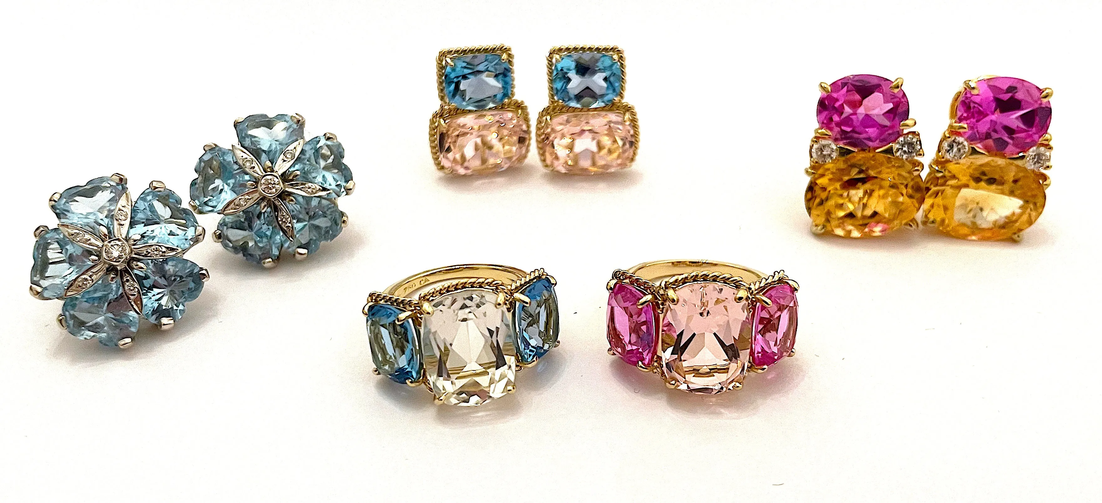 Large GUM DROP™ Earrings with Blue Topaz and Cabochon Smoky Topaz and Diamonds
