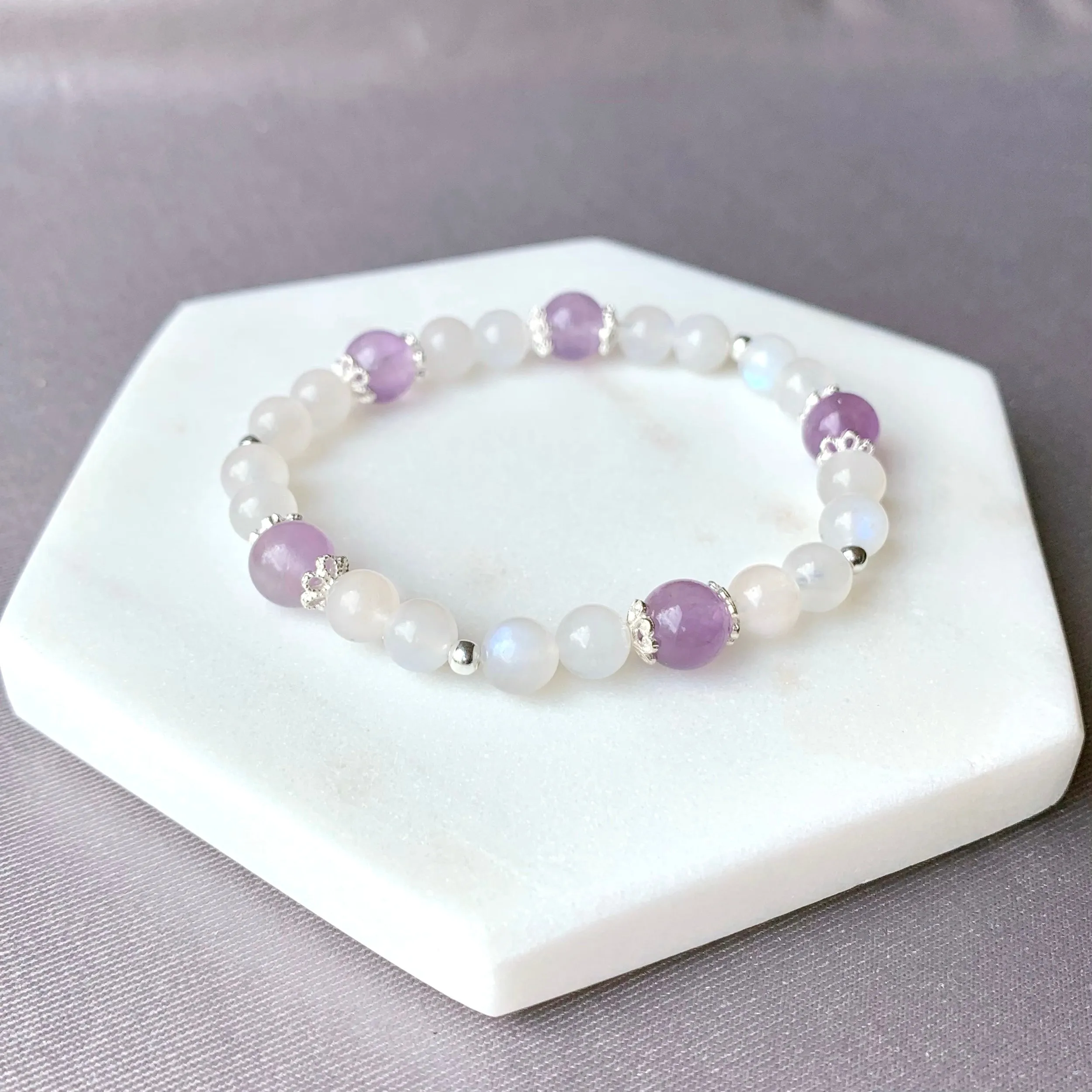 Lavender Amethyst & Moonstone Flower Beaded Bracelet