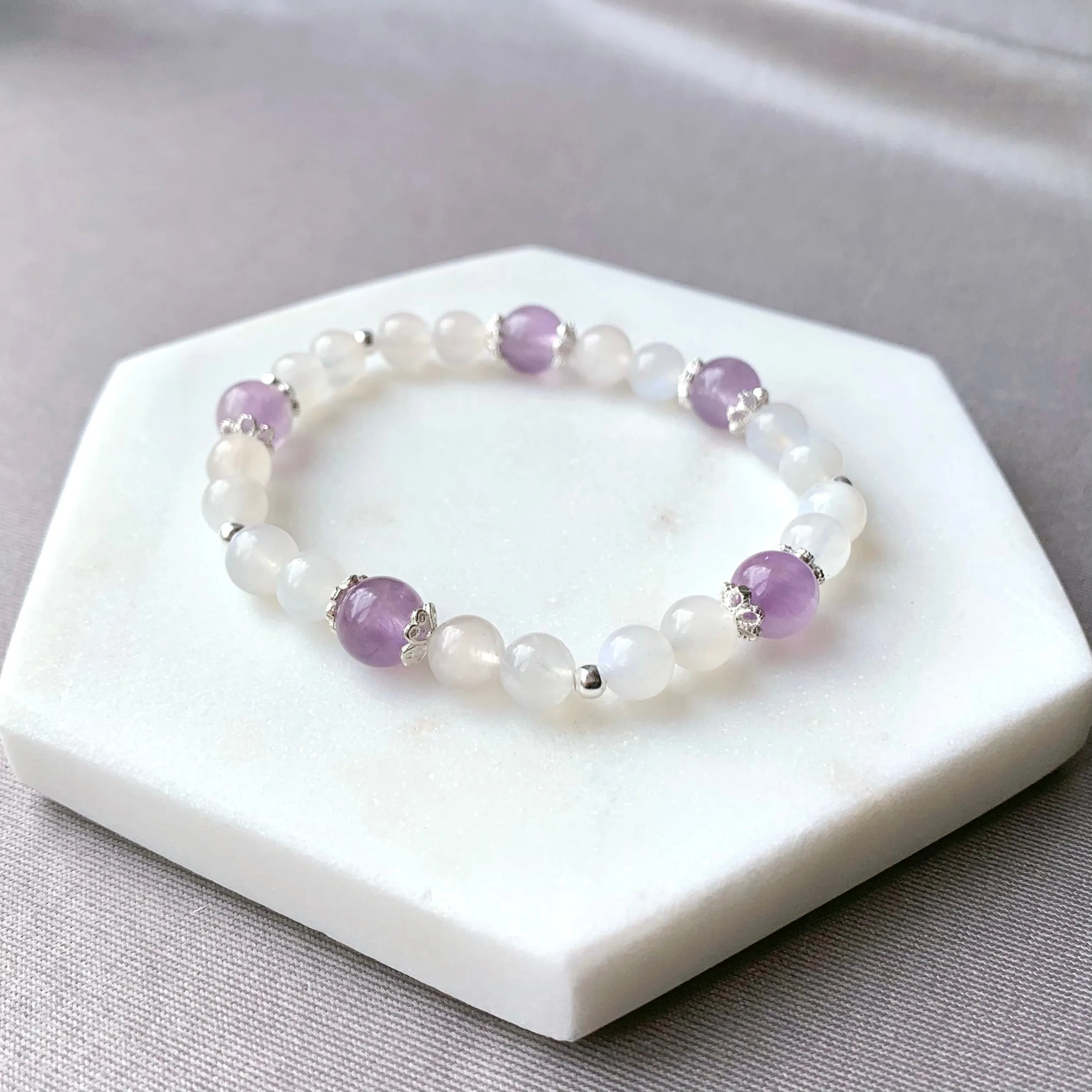 Lavender Amethyst & Moonstone Flower Beaded Bracelet